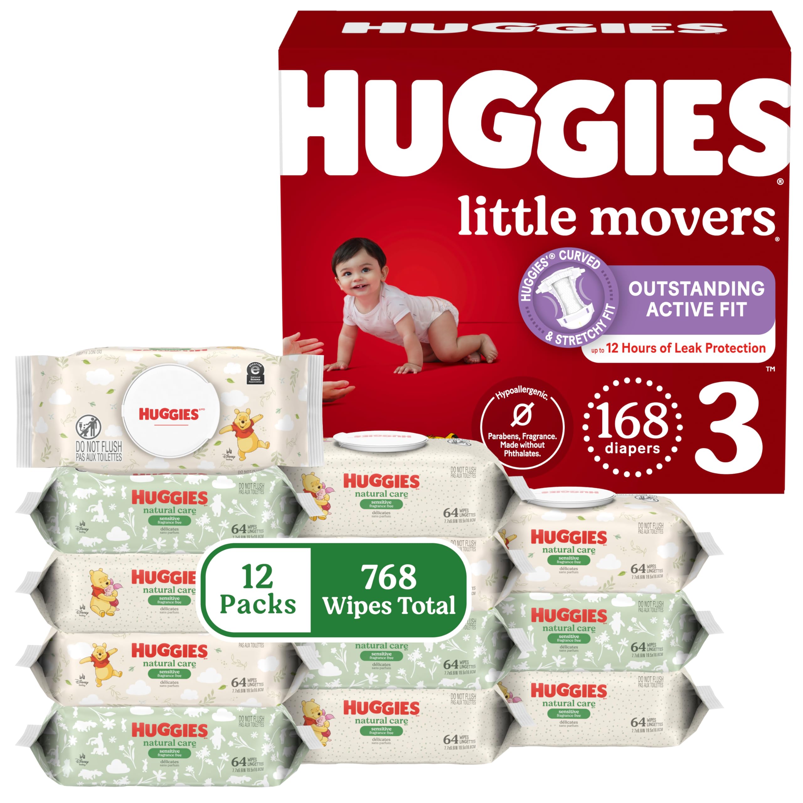 Huggies Little Movers Baby Diapers with Huggies Natural Care Sensitive Baby Wipes, Size 3, 168 Diapers & 768 Wipes, Packaging May Vary