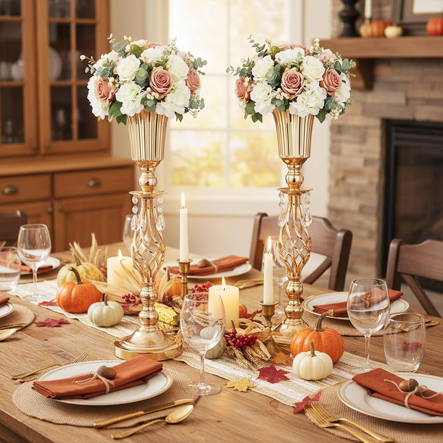 2pcs of Elegant Metal Gold Vases: Beaded Crystal Trumpet Vases, Elegant Floral Table Centerpieces for Weddings Birthdays Anniversaries Holiday Parties Other Event Celebrations(23.2")