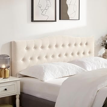 Tufted Headboard Queen Size, Solid Wood Adjustable Height Head Board, Beige | Upholstered Queen Headboard Only with Durable Metal Legs, Adjustable Height 37-51 in, Fabric Button Diamond HeadBoards