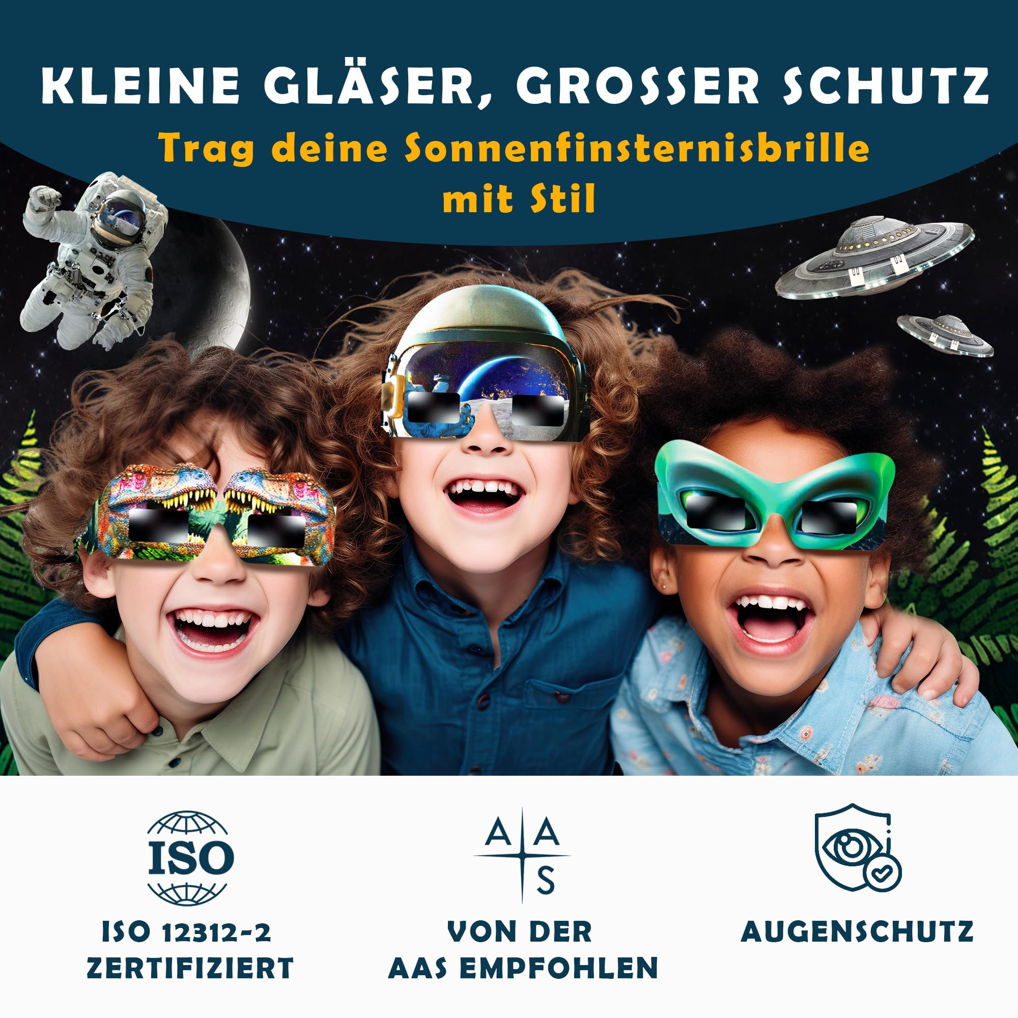 Galaxium Solar Eclipse Glasses Kids 2026 - [12 Pack] Mix Alien & Astronaut & Dinosaur Design - AAS Approved - ISO 12312-2 & CE Certfied - Boys Solar Eclipse Viewing Glasses