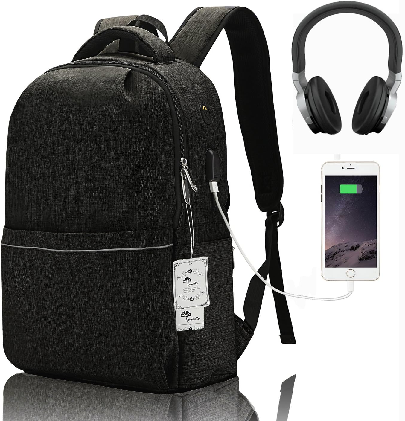 Slim Laptop Backpack, Winblo Business Bags with USB Charging Port and Headphone Port Anti-Theft School Book Bag for College Travel Daypack for 15.6 inch Laptop Notebook (Black)