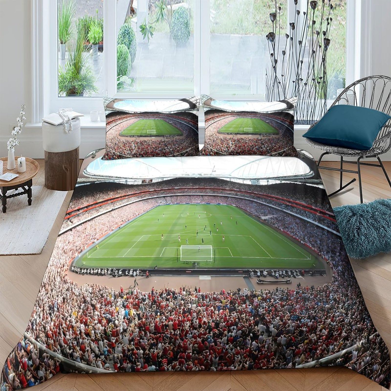 GPLZQXKJNH 3D Printed Football Stadium Duvet Cover Microfiber Soft Breathable Soccer Field Bedding Set with 2 Pillowcases for Bedroom Decor Single（135x200cm）