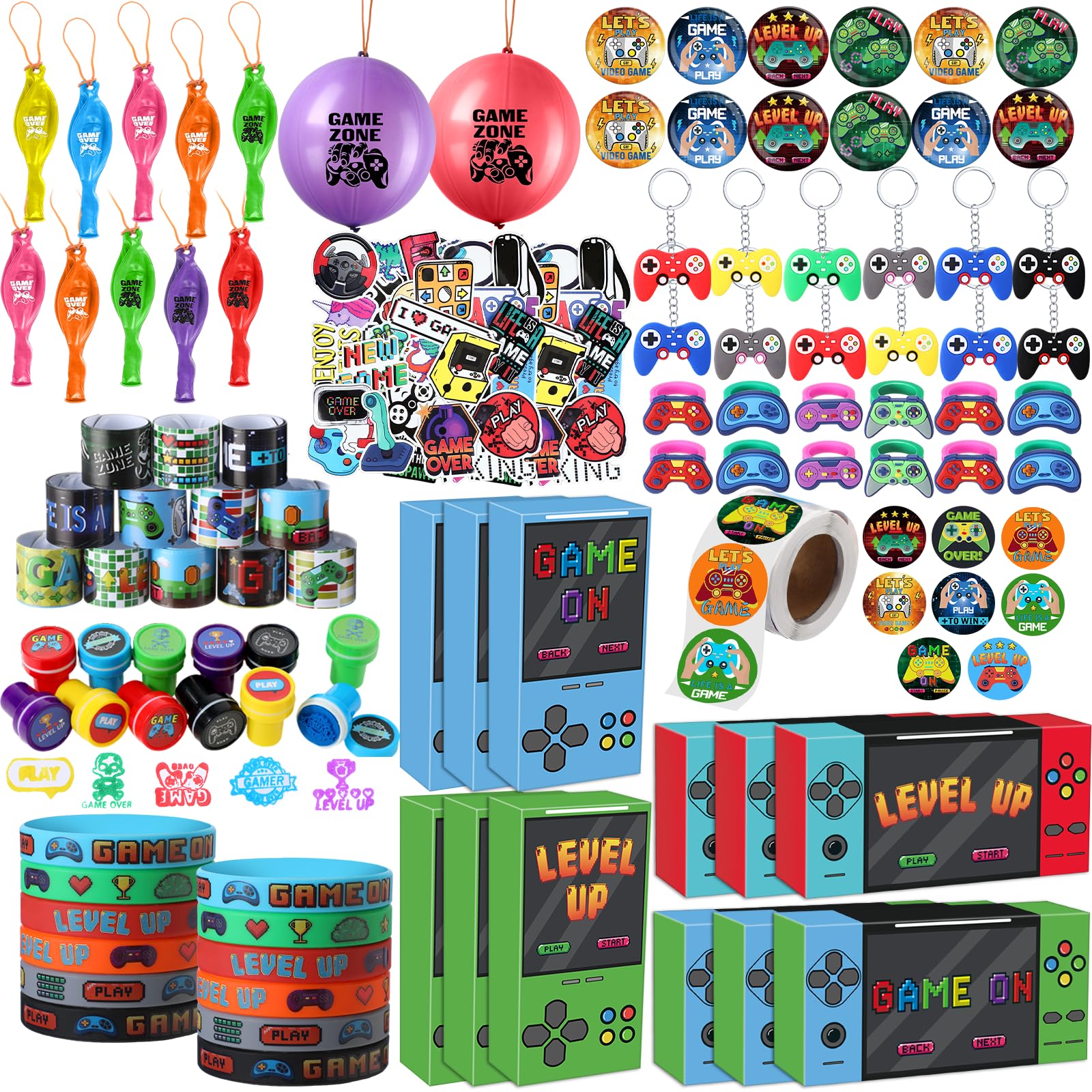 HyDren 147 Pcs Video Game Party Favors Includes Video Game Goodie Treat Boxes Punch Balloons Silicone Bracelets Keychains Badges Stickers for Gaming