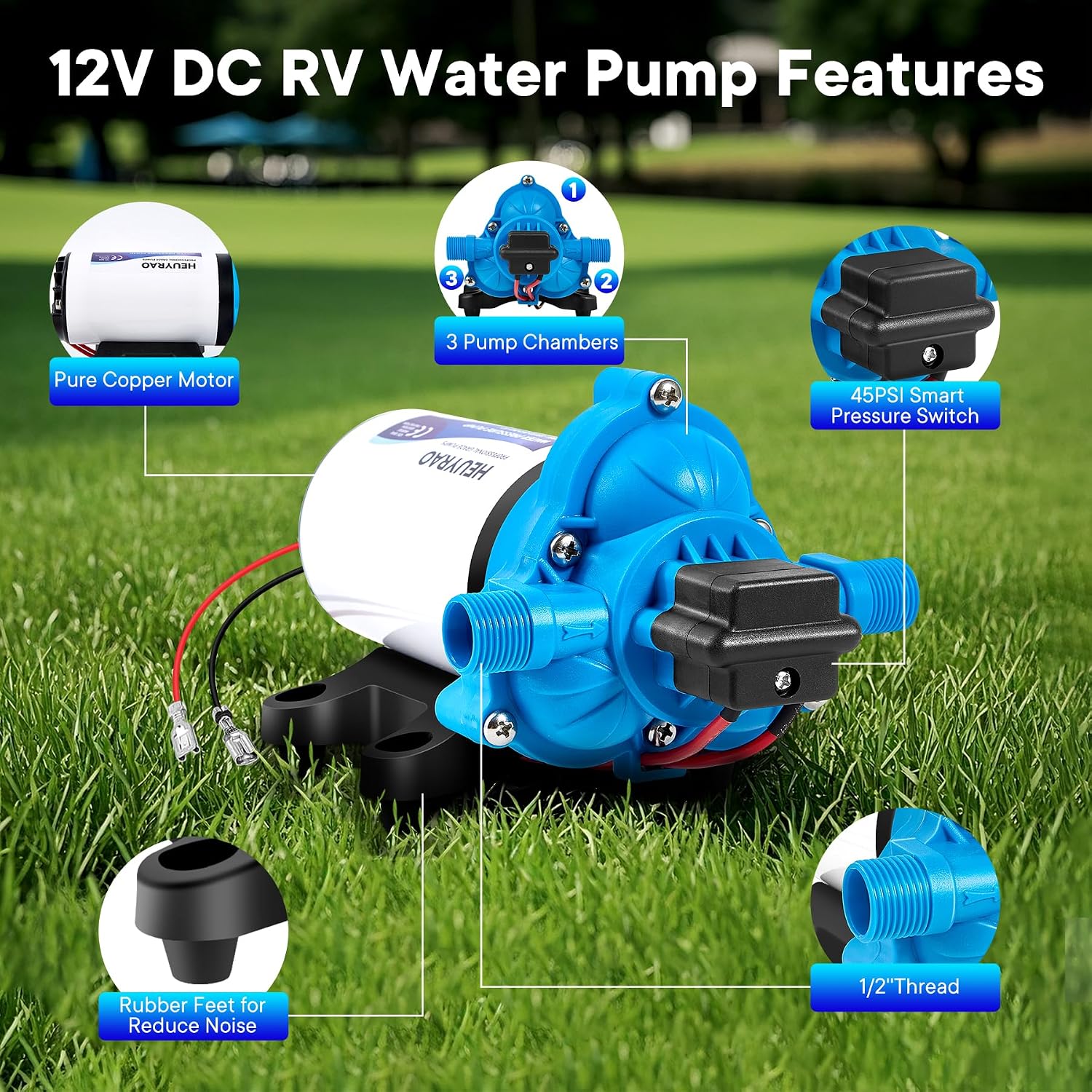 Heuyrao Rv Water Pump 12V DC Quiet 4.0GPM 45PSI,3 Chamber Self Priming Diaphragm Fresh Water Pressure Pump with Pressure Switch Strainer for RV Marine,Camper,Boat,Garden,Travel Trailer