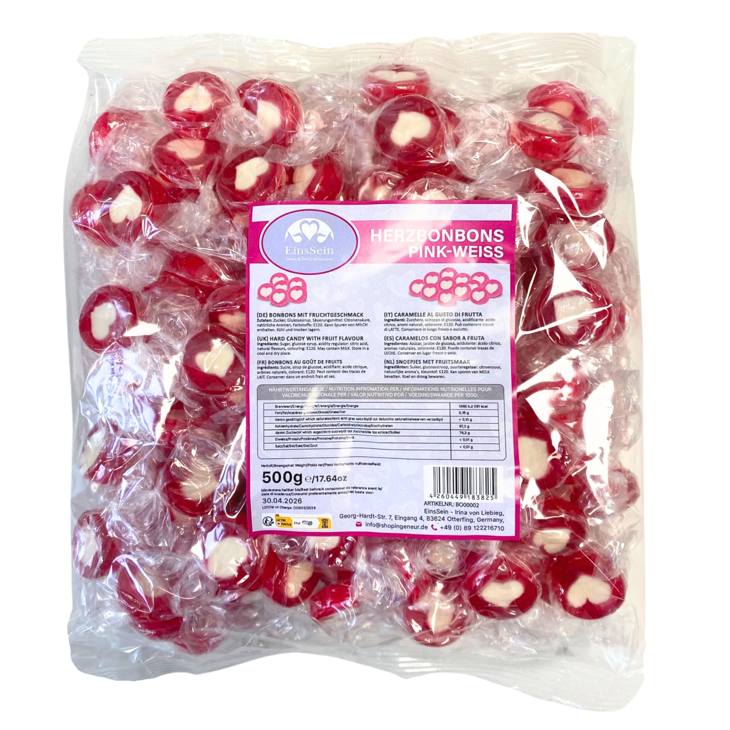 EinsSein Herzbonbons rot mit Weiß 500g | handgemachte Bonbons Herzform | Gastgeschenke Hochzeit Taufe Valentinstag Muttertag Kommunion | Essbare Tischdeko & Süßigkeiten Großpackung Herz
