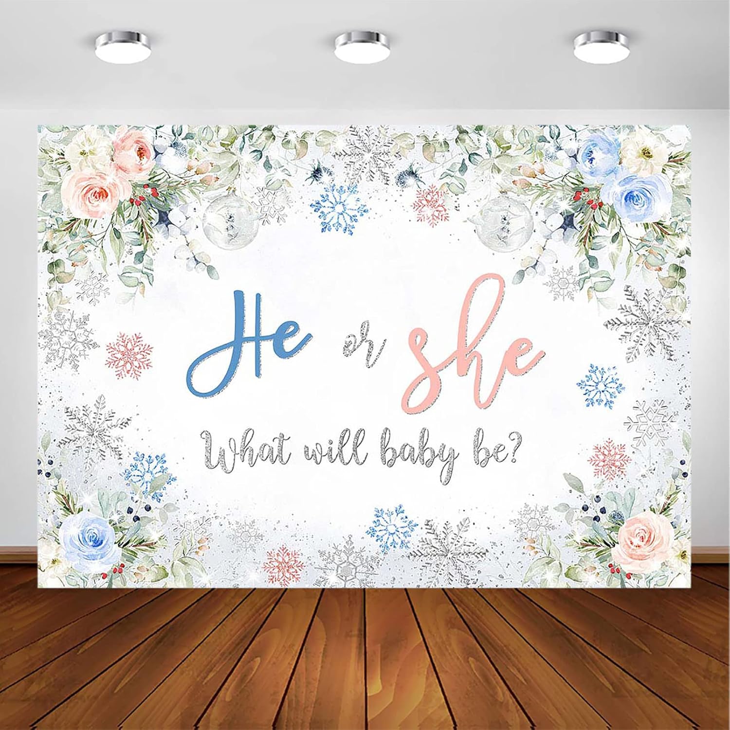 Avezano Boy or Girl Gender Reveal Backdrop Blue Pink Sliver Snowflake Gender Reveal Photography Background He or She Winter Gender Reveal Baby Shower Party Photoshoot Backdrops (8x6ft)