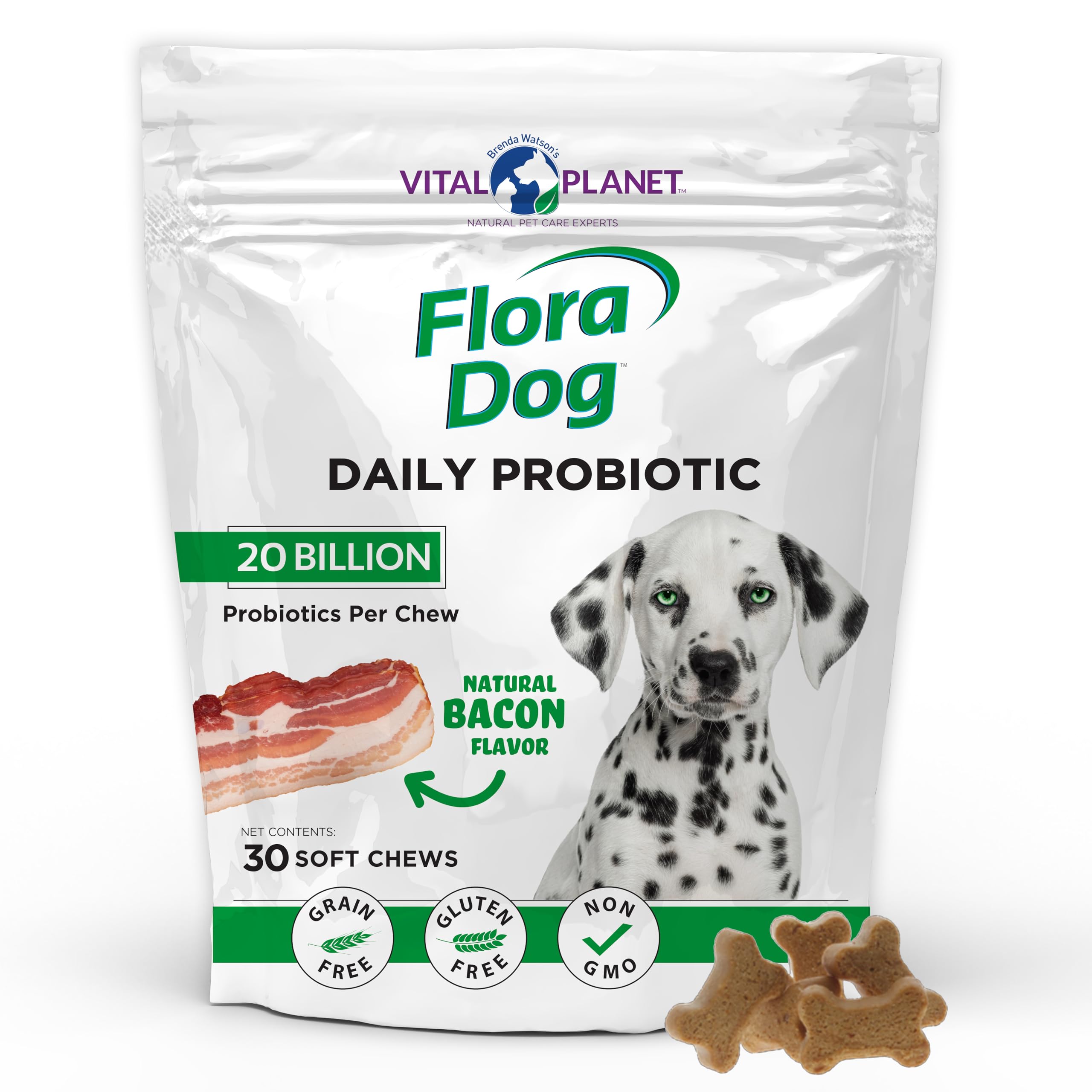 Flora Dog Probiotics, Dog Chews Supplement with 20 Billion Cultures and 11 Strains, Immune and Digestive Support Chewable Probiotics for Dogs, 30 Natural Bacon Flavored Soft Chews