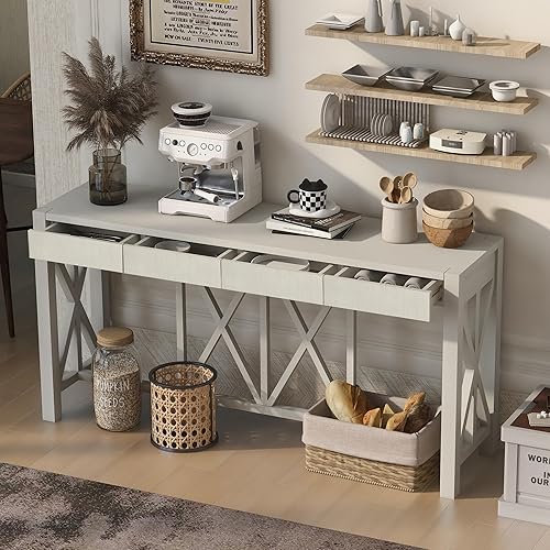 Miniatura 10 de Moderna mesa consola de 62.2 pulgadas, mesa de sofá con 4 cajones y 2 estantes, adecuada para entrada, pasillo, sala de estar, dormitorio (blanco