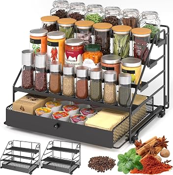 DTUQYX Spice Rack Organizer for Cabinet 4 Tier Adjustable Spice Rack Organization with Drawer, Depth Metal Shelf for Kitchen Countertop, Cupboard, Pantry, Holds Seasoning and Condiments Black