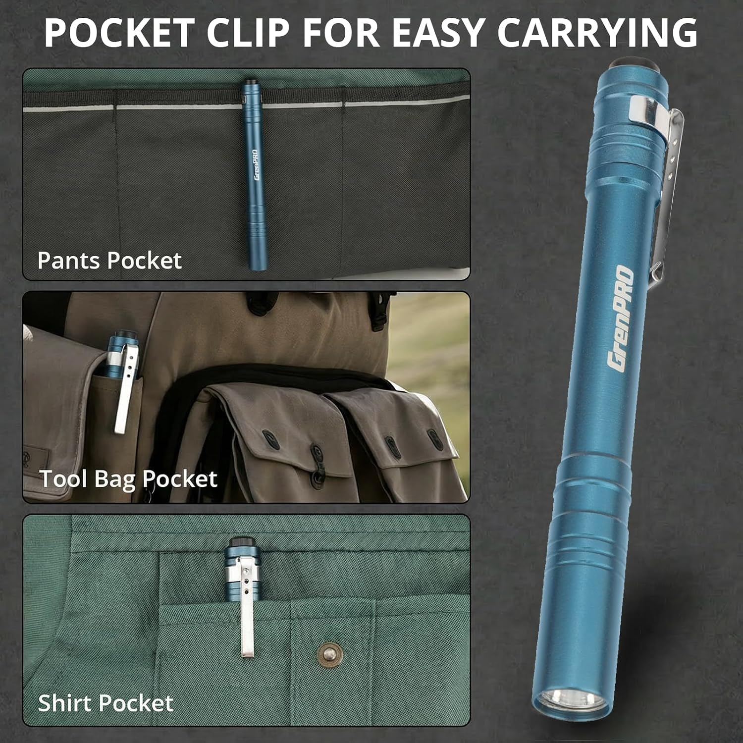 GRENPRO 4 Pack LED Pen Light with 8 AAA Batteries Include, Mini Flashlight with Clip, Aluminum Pocket Flashlight Ultra Bright,Flashlight with Pocket Clip for Inspection,Nurse, Everyday Carry, Blue