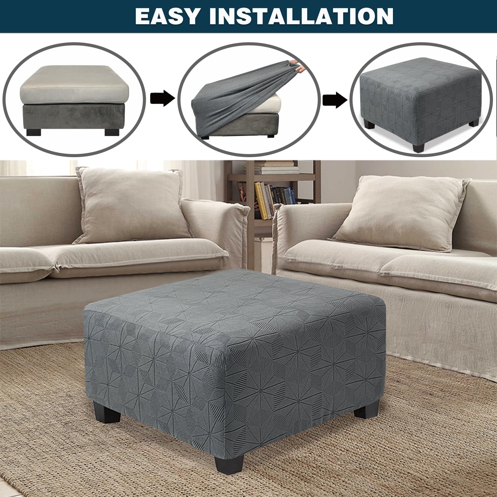 Housses Pouf Carré NeColorLife Lot De 2 - Protection Jacquard Extensible Beige - 3