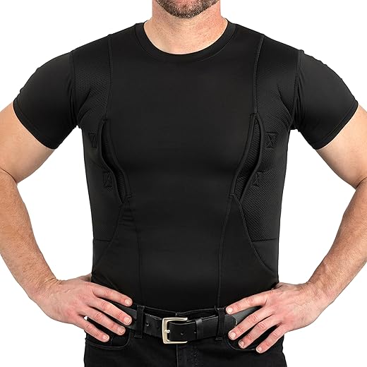 CCW Tactical Concealed Carry Holster Shirt | Secure Velcro Pocket with Large Storage | Mens Crew, Black XXL