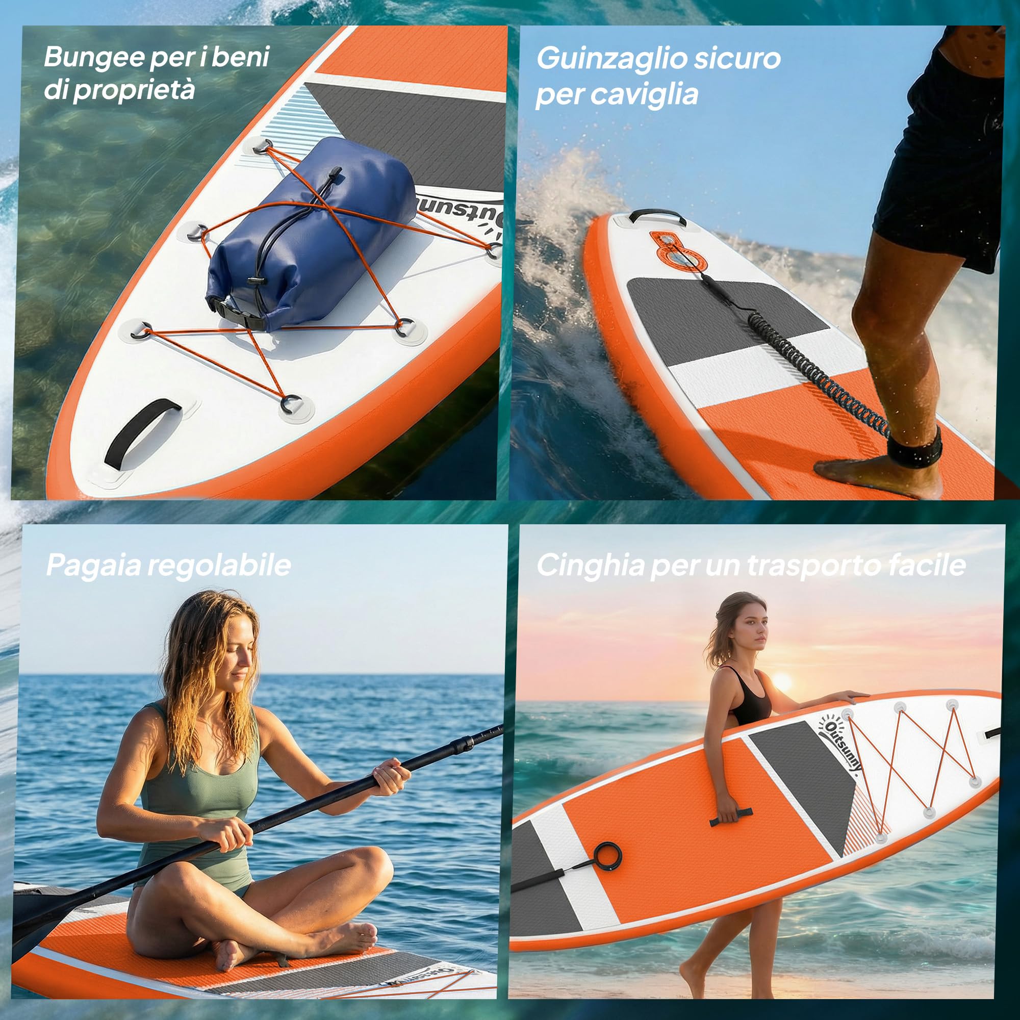 Outsunny Tavola Sup Gonfiabile Adulti, Stand Up Paddle Board con Ponte Antiscivolo in EVA, Pagaia in Alluminio Regolabile, Zaino, Pompa, Pinna Rimovibile, Carico 160 kg, 320x82x15cm, Tutti i Livelli
