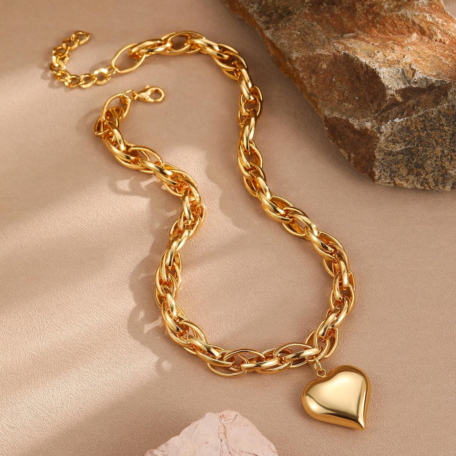 Elegant Gold Plated Heart Pendant Necklace for Women, Chunky Statement Chain with Secure Lobster Clasp,Gift for Her - Image 7