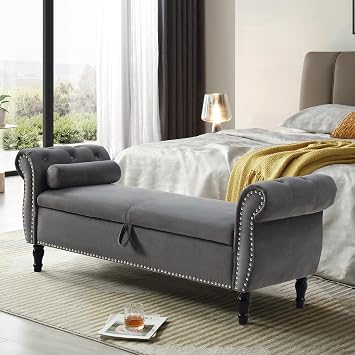 Velvet Ottoman with Storage, Large End Bed Storage Bench for Bedroom, Storage Ottoman Bench with Nailhead Rolled Arm for Living Room, Bedroom, Entryway Grey