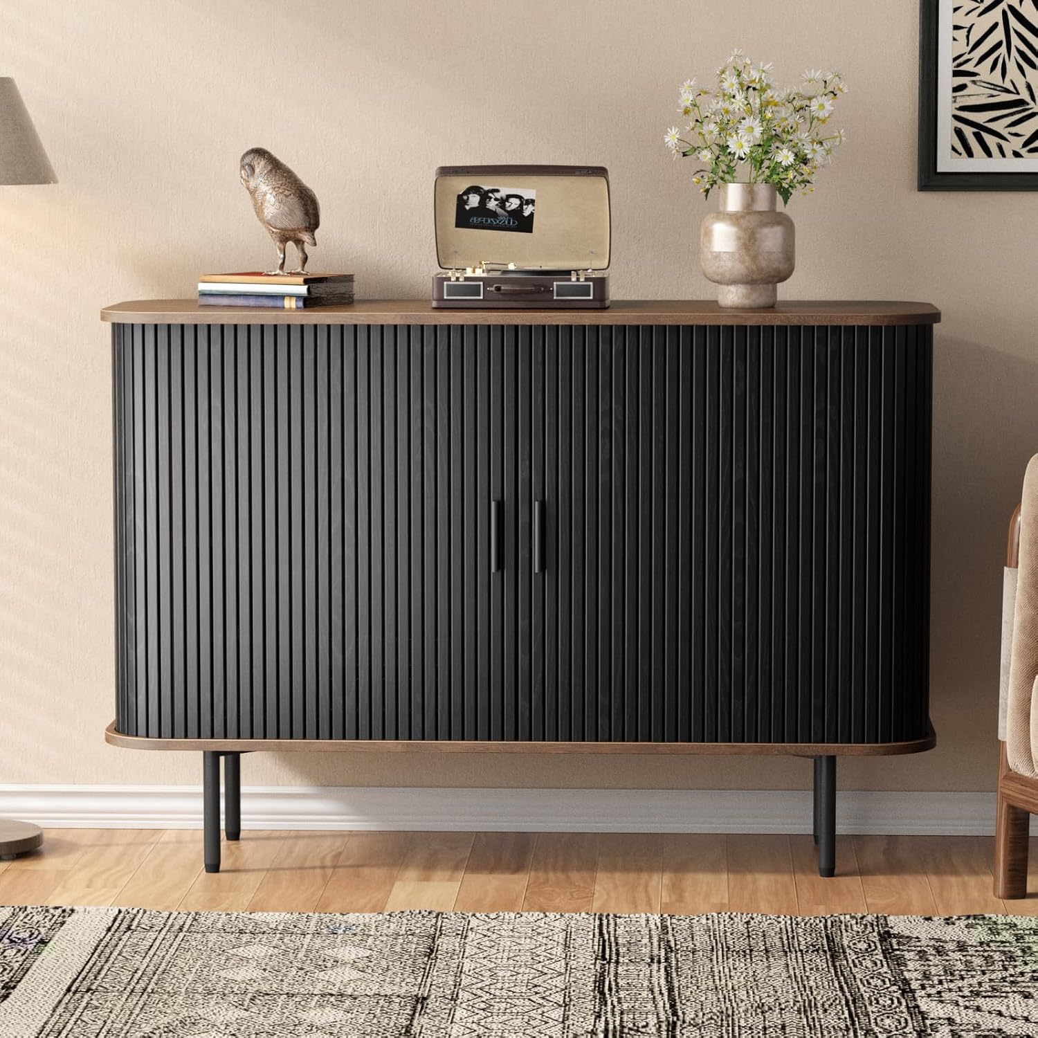 tambour door cabinet storage inside showing shelves and organization