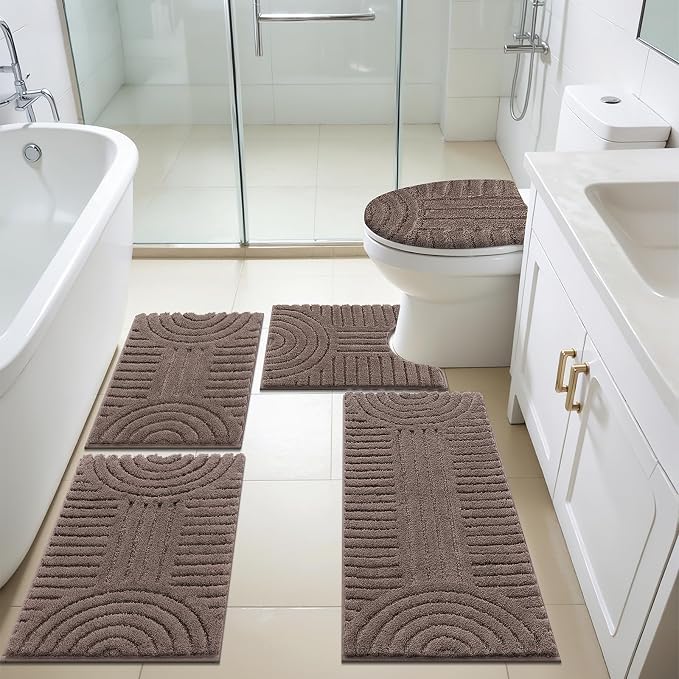 SHACOS Bathroom Rugs Sets 5 Piece Ultra Soft Absorbent Microfiber Bath Mat with Bath Runner, U Shape Contour Rug, Toilet Lid Cover, Non Slip Machine Washable Carpet for Bathroom, Bedroom, Coffee