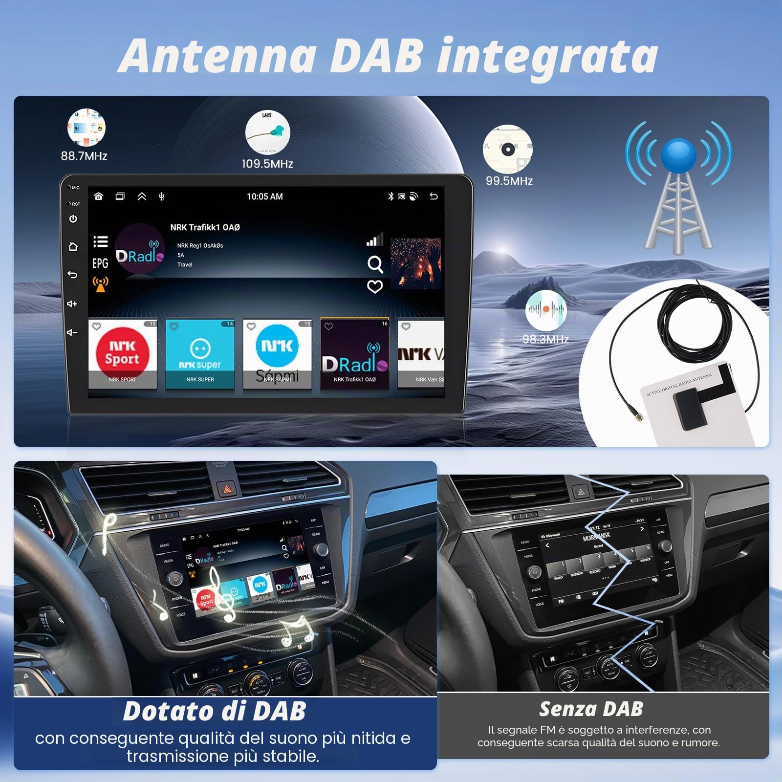 Roinvou DAB/DAB+ 4G+64GB Radio per Kia sportage 2010-2016 Android 15 Soporta Wireless CarPlay Android Auto, 9 Pollici Schermo per Auto con Bluetooth WIFI GPS HIFI FM/RDS SWC AHD Telecamera