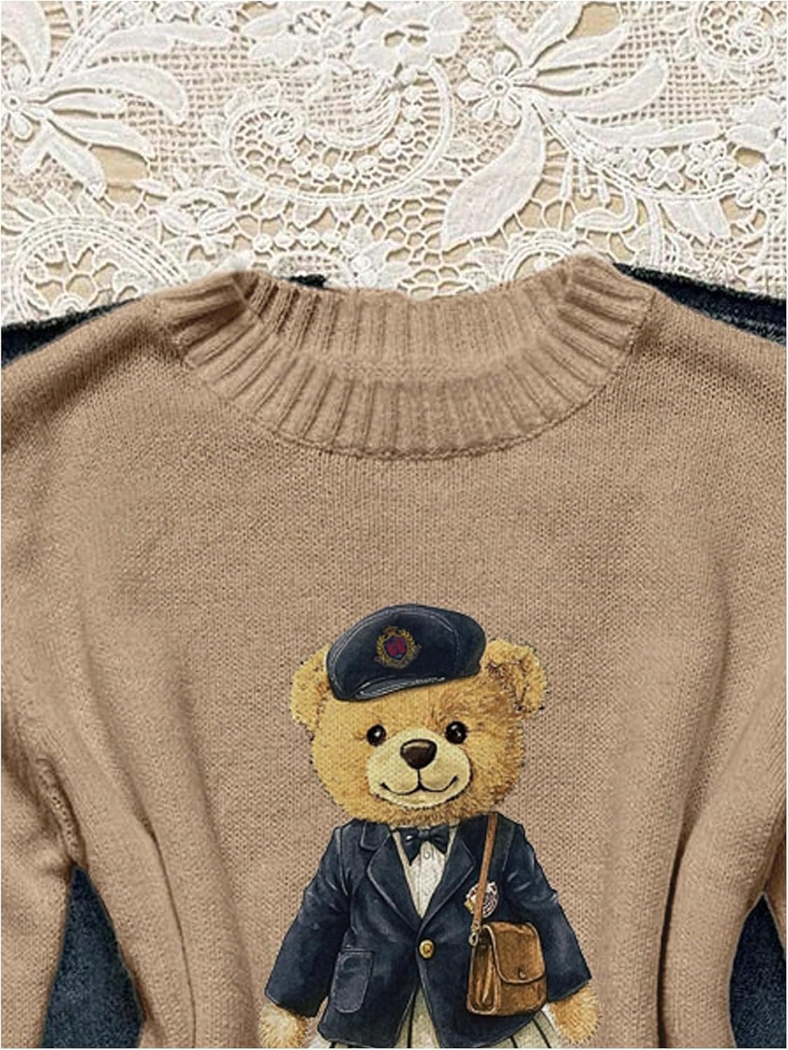 GORGLITTER Women's Cute Teddy Bear Sweaters Long Sleeve Crewneck Cozy Pullover Tops Casual Fall Knit Top