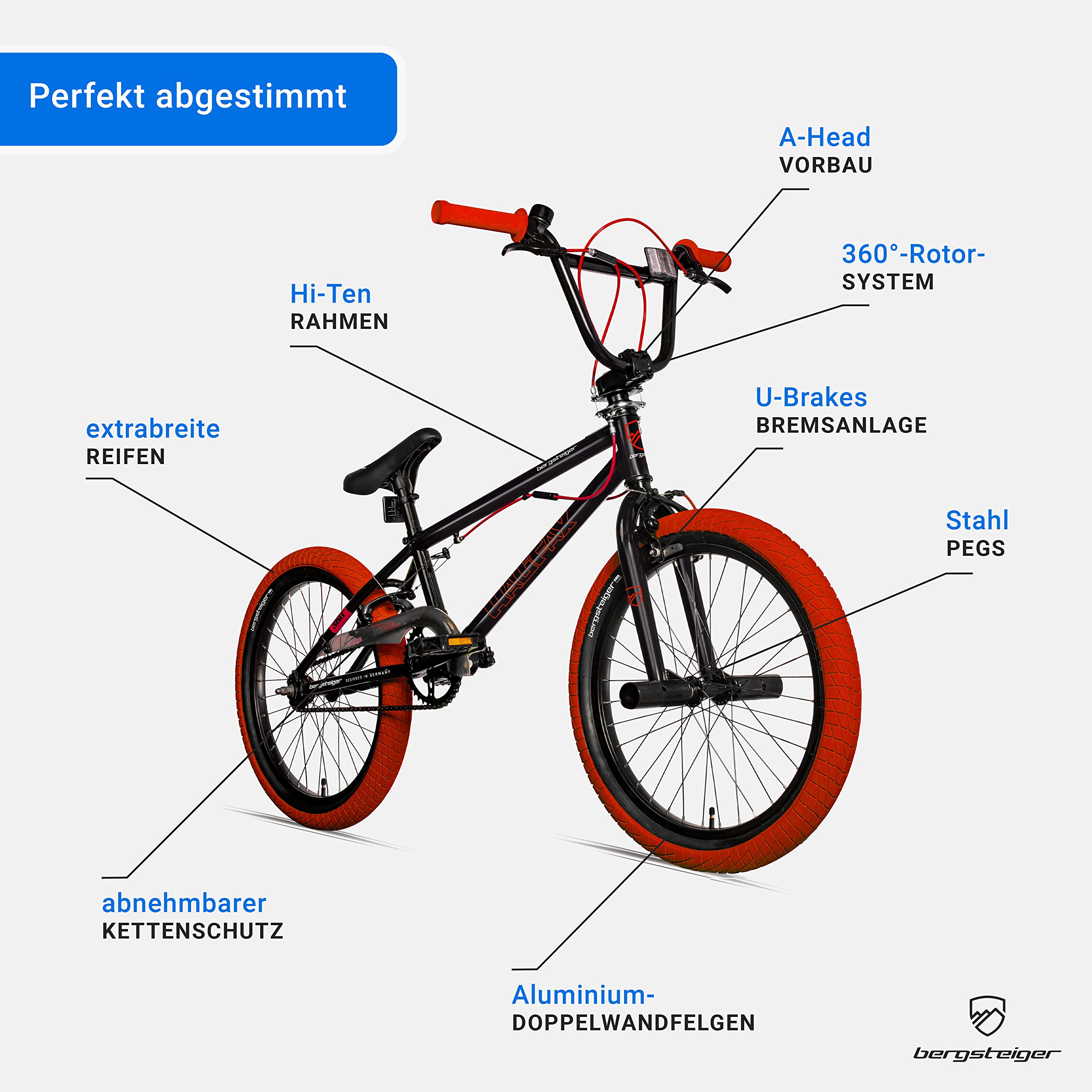 Bergsteiger Halifax 20 Zoll BMX Freestyle Fatbike mit Kettenschutz | Cooles Design mit 360 Grad Rotor-System und zwei Stahl-Pegs. Perfekt ab 120 cm Koerpergroesse dank 90% Vormontage.
