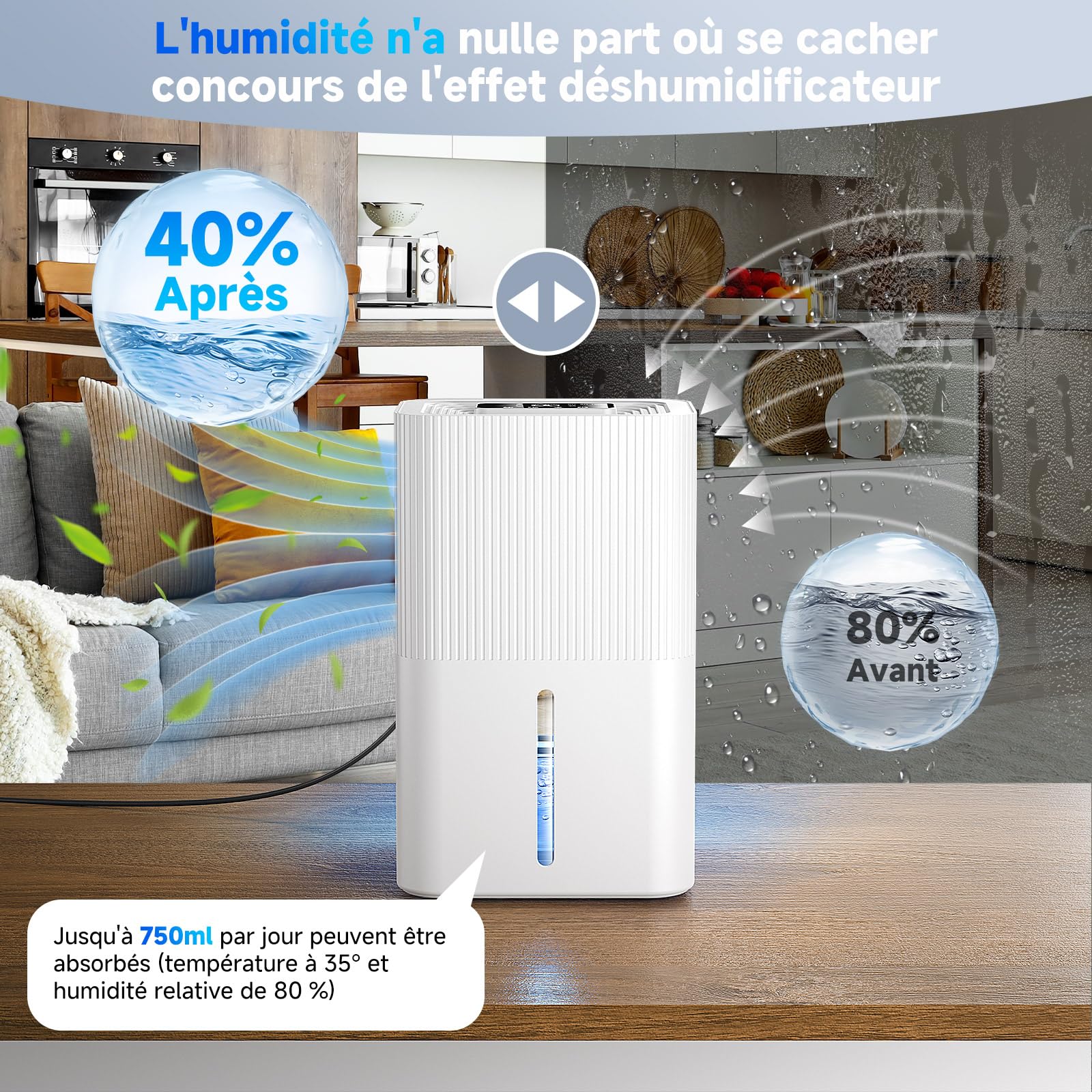 Déshumidificateurs électriques 2,7 L pour la maison, déshumidificateur pour chambre, silencieux et à commandes tactiles. (gris1150 ml/24 h)