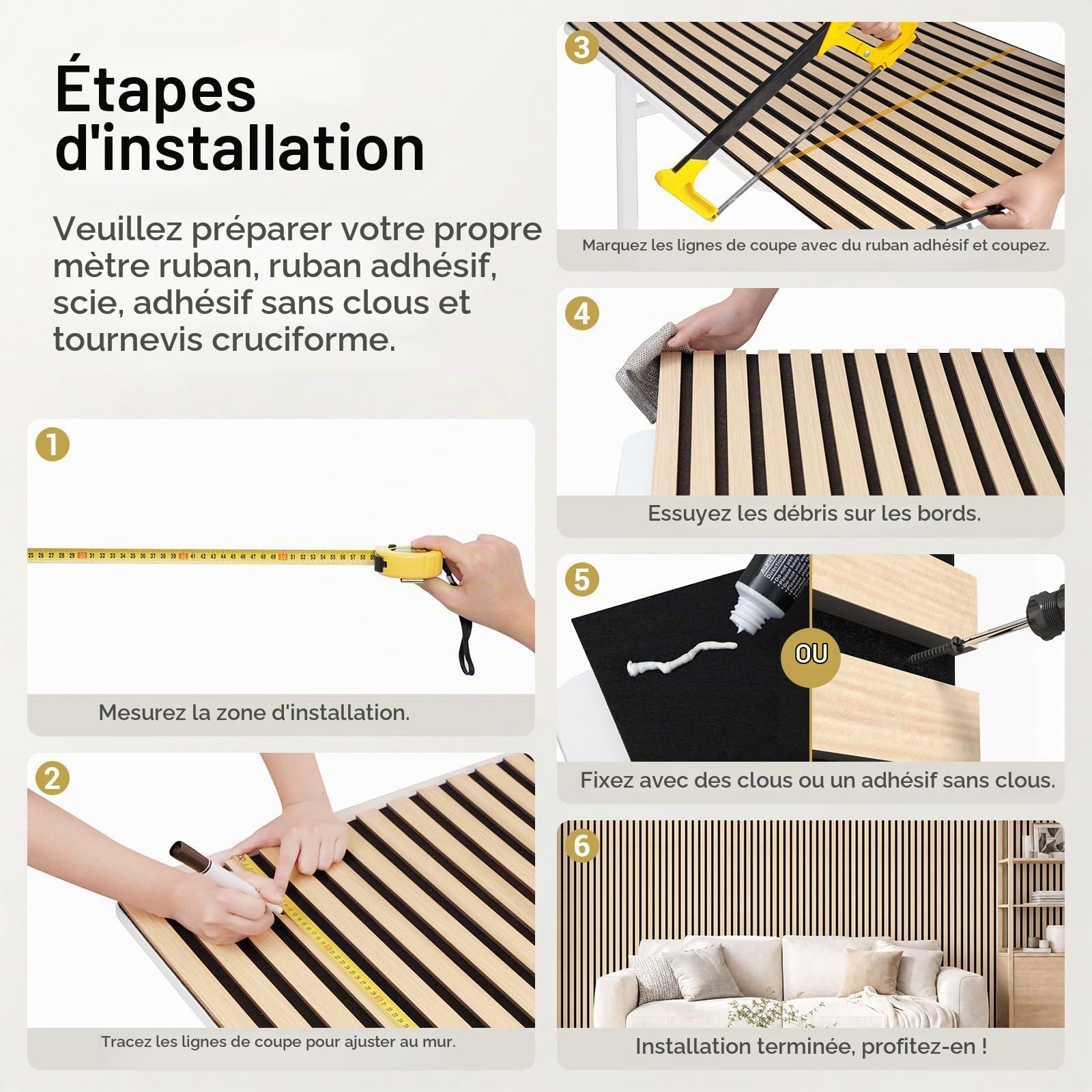 TONOR Panneau Mural de Bois, 120x60-4,32㎡, Lot de 6, Teck
