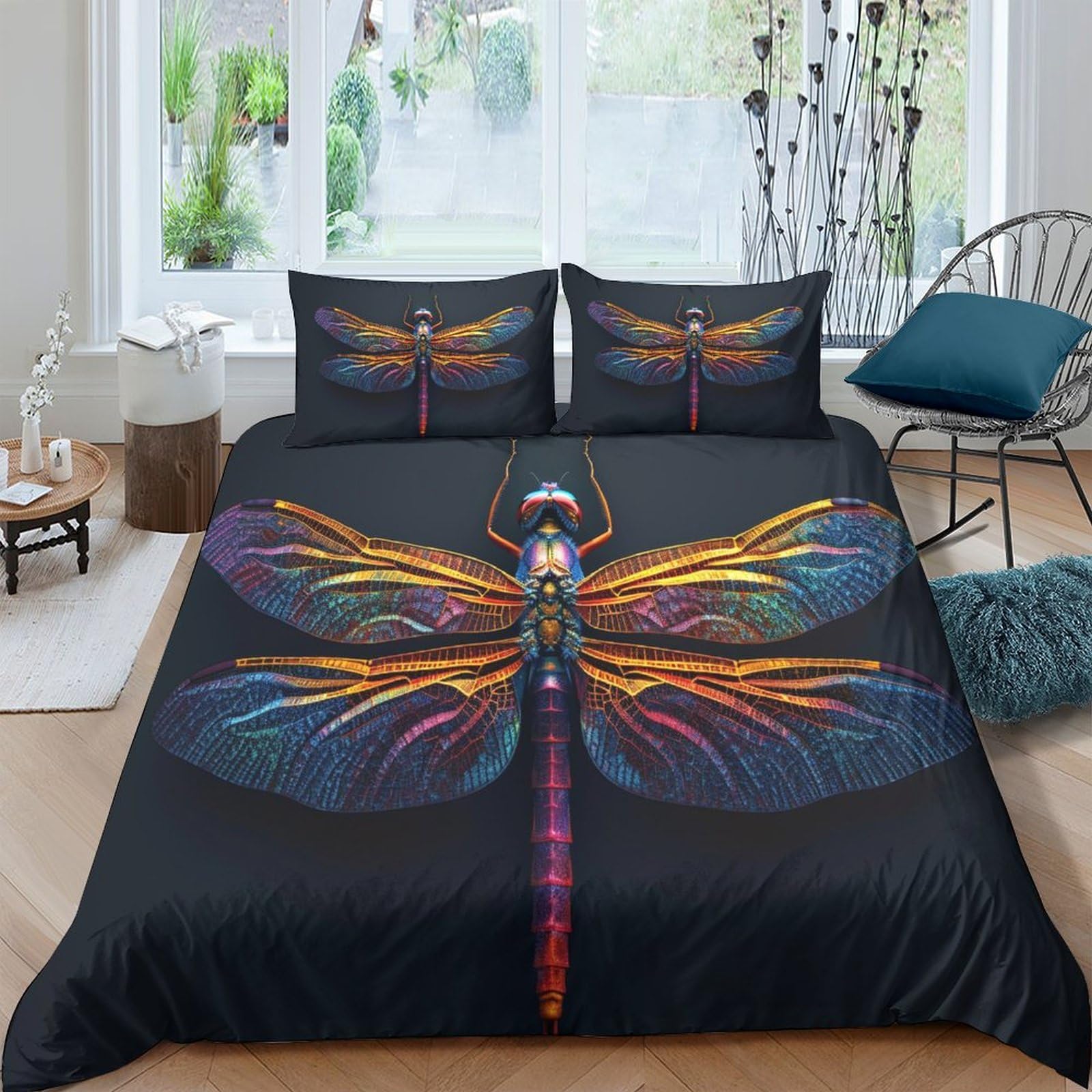 Housse de couette insecte libellule 220x240cm avec taies d'oreiller pour lit king