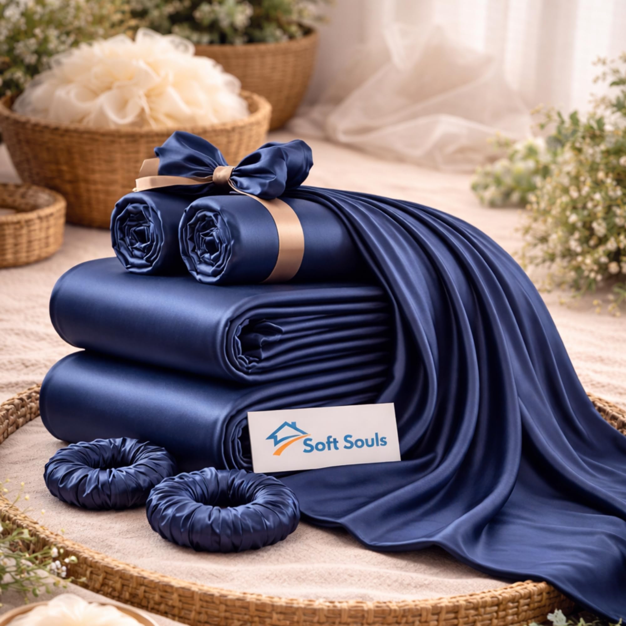 SOFT SOULS Satin Bedsheet with Pillow Covers for Couples, Valentine's Day, Girlfriend, Boyfriend, Husband, Wife, or a Romantic Wedding First Night (Navy Blue, Single Bed Sheet)