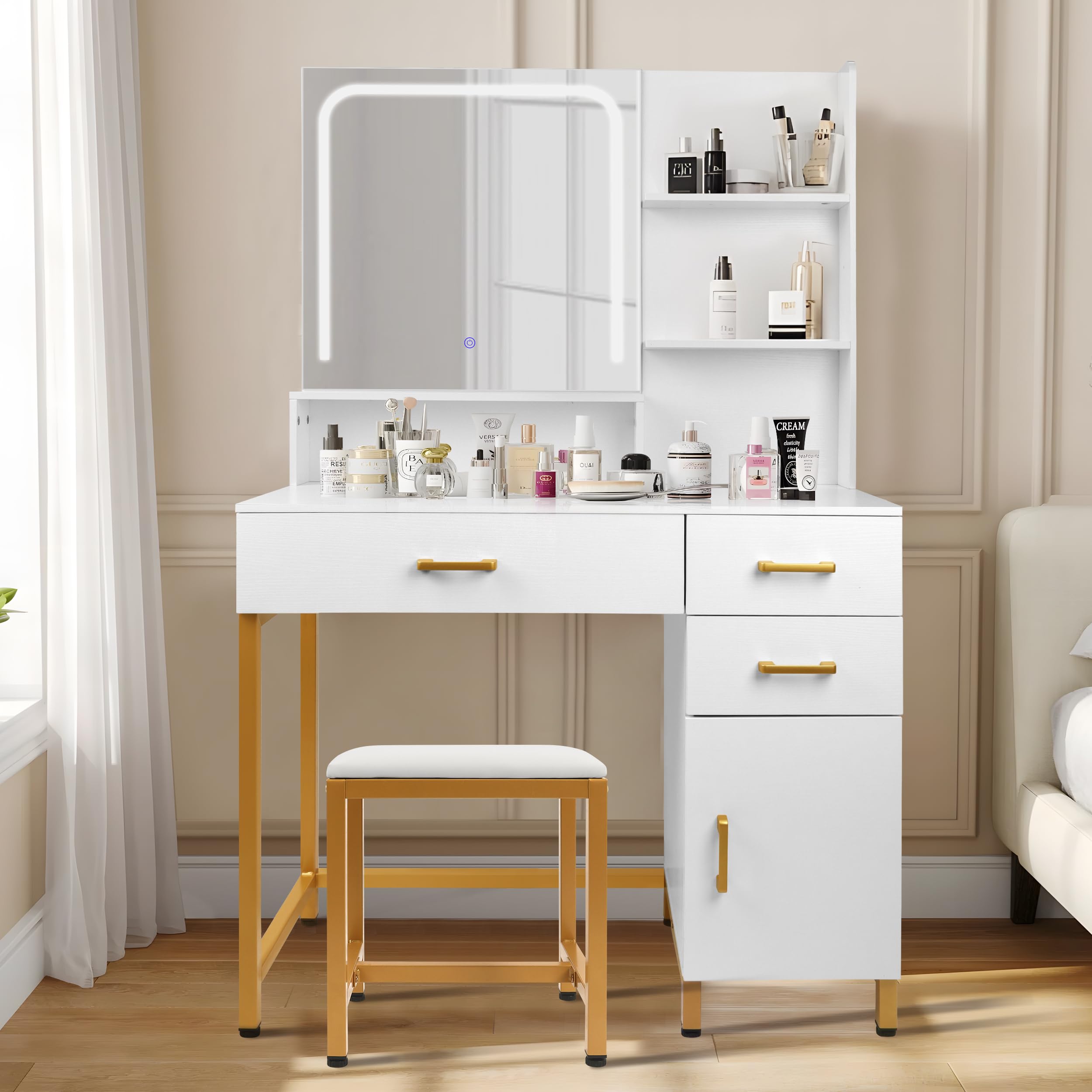 DOUSY Vanity Desk with Mirror and Lights and Stool, Makeup Vanity Desk Dressing Table with 3 Drawers, Storage Open Shelves, Side Chest, Girls Vanity Table Set with Cushioned Stool for Bedroom