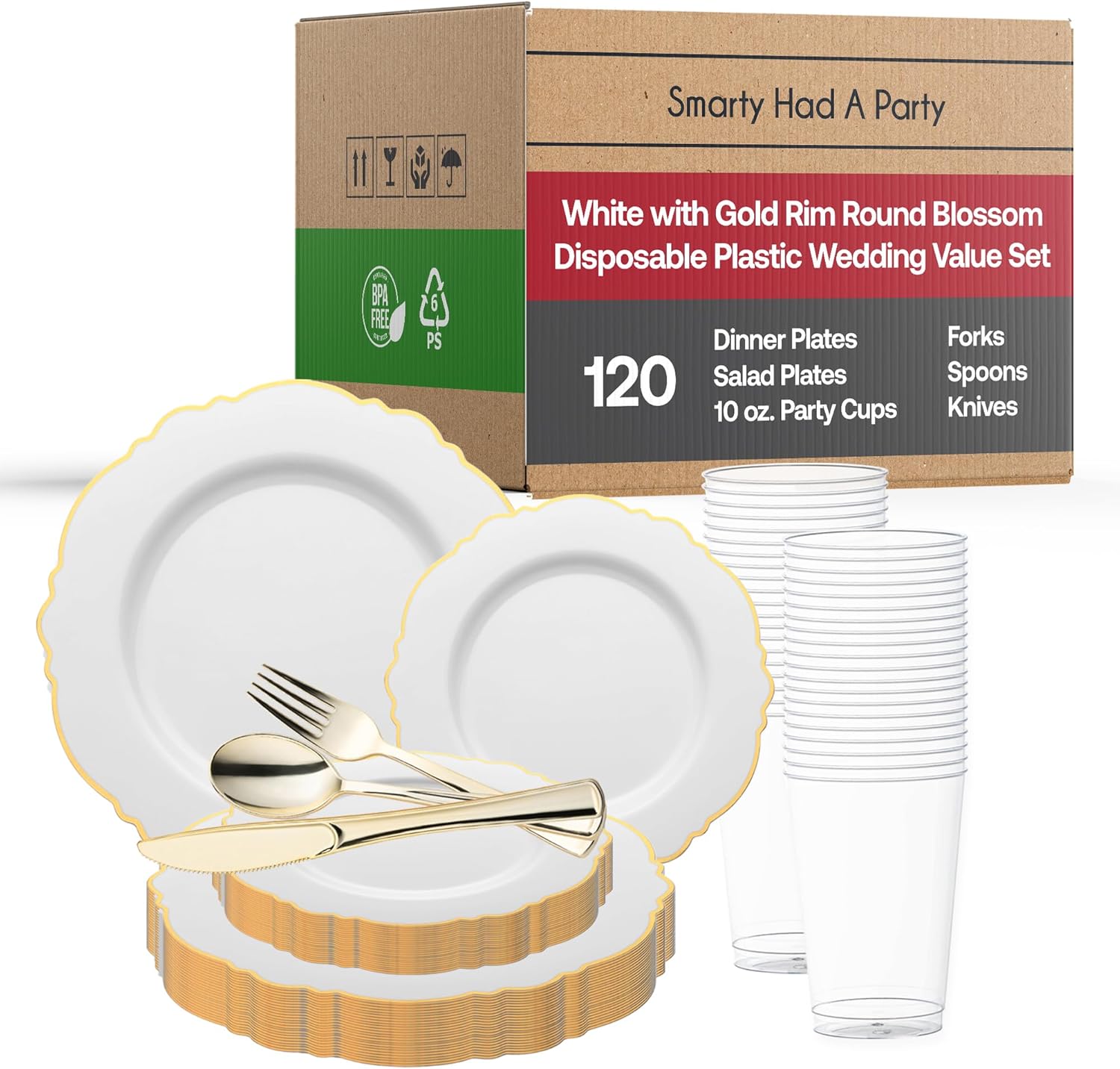 Elegant Disposable Plastic Heavy Duty Dinnerware Sets, Blossom Rim Design Plastic Plates, For Wedding, Birthday & All Occasions (White with Gold, Wedding Value Set (120 Guests))