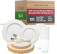 Vista 1 de Elegante vajilla desechable de plástico resistente, platos de plástico con diseño de borde de flores, para bodas, cumpleaños y todas las ocasiones