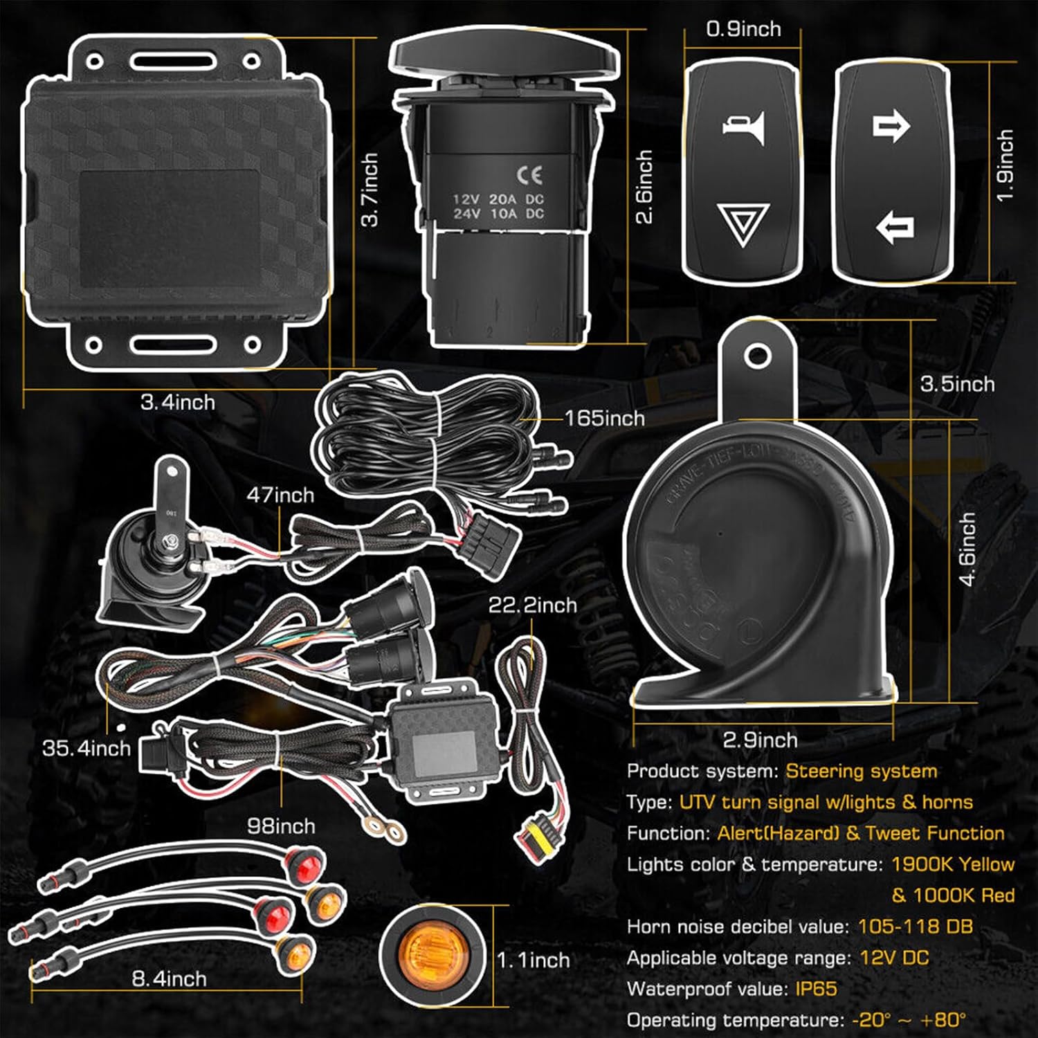 UTV ATV Turn Signal Kit, 110D Horn With Button,Universal Turn Signal With Turn Switch, LED Blinker Kit, Compatible With Polaris, Can-Am, Kawasaki, Arctic Cat, CFMOTO, Pionee （Amber and Red）