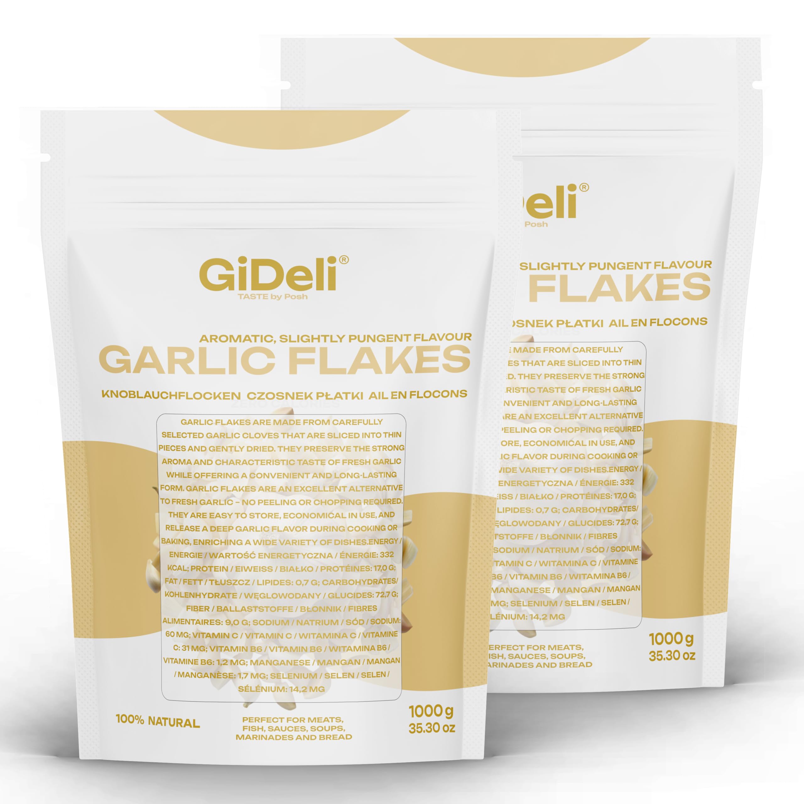 GiDeli Knoblauch Flocken 2 x 1kg - Ideal zum Kochen und Würzen - 100% Natur - Vielseitig verwendbar für Suppen, Saucen, Marinaden, Fleisch und Gemüse - Aromatisch, Scharf und Intensiv