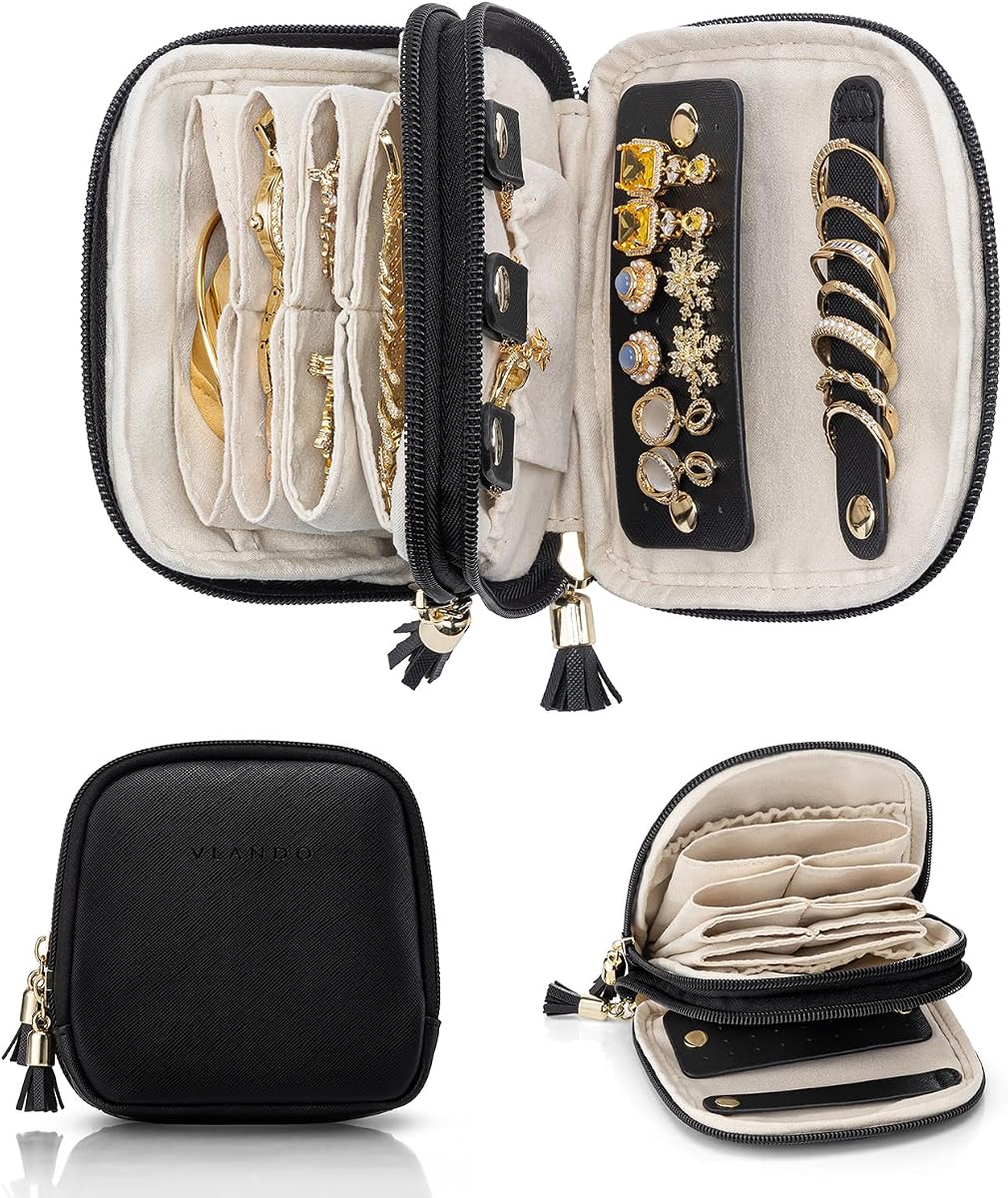 VLANDO Organizador de joyas de viaje de 2 capas para collares, anillos, pendientes | Bolsa de piel sintética con múltiples compartimentos y forro de terciopelo diseñada para viajes de negocios, vacaciones, transporte diario, negro