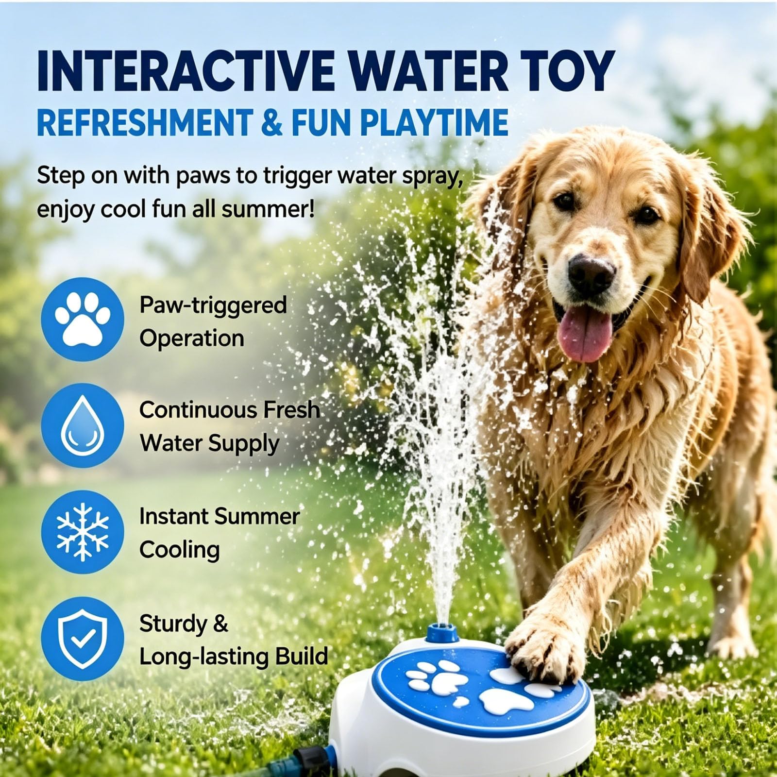 Wasserfontäne mit Pedal für Hunde, Hunde Wasserspielzeug Gartenschlauch, Hundes Wasserfontäne Outdoor, Wasserspiel Hund Garten, Hund Wasserspiel zur Sommer Abkühlung (Blau)