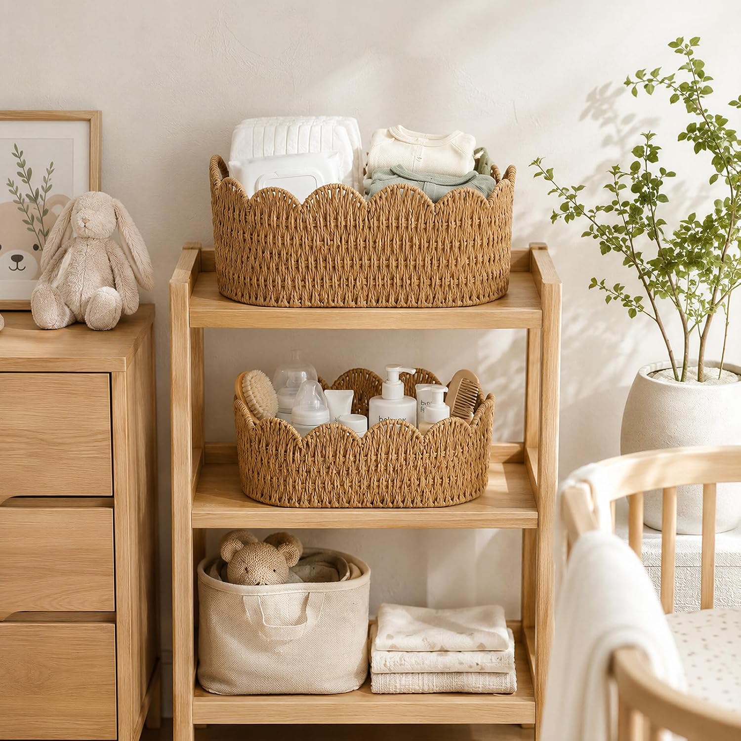 Endymion Set of 2 Scalloped Wicker Basket,Rattan Baskets for Organizing | Cute Paper Rope Storage Baskets for Gifts,Shelves,Toys,Books, Decorative Woven Basket for Nursery,Living Room