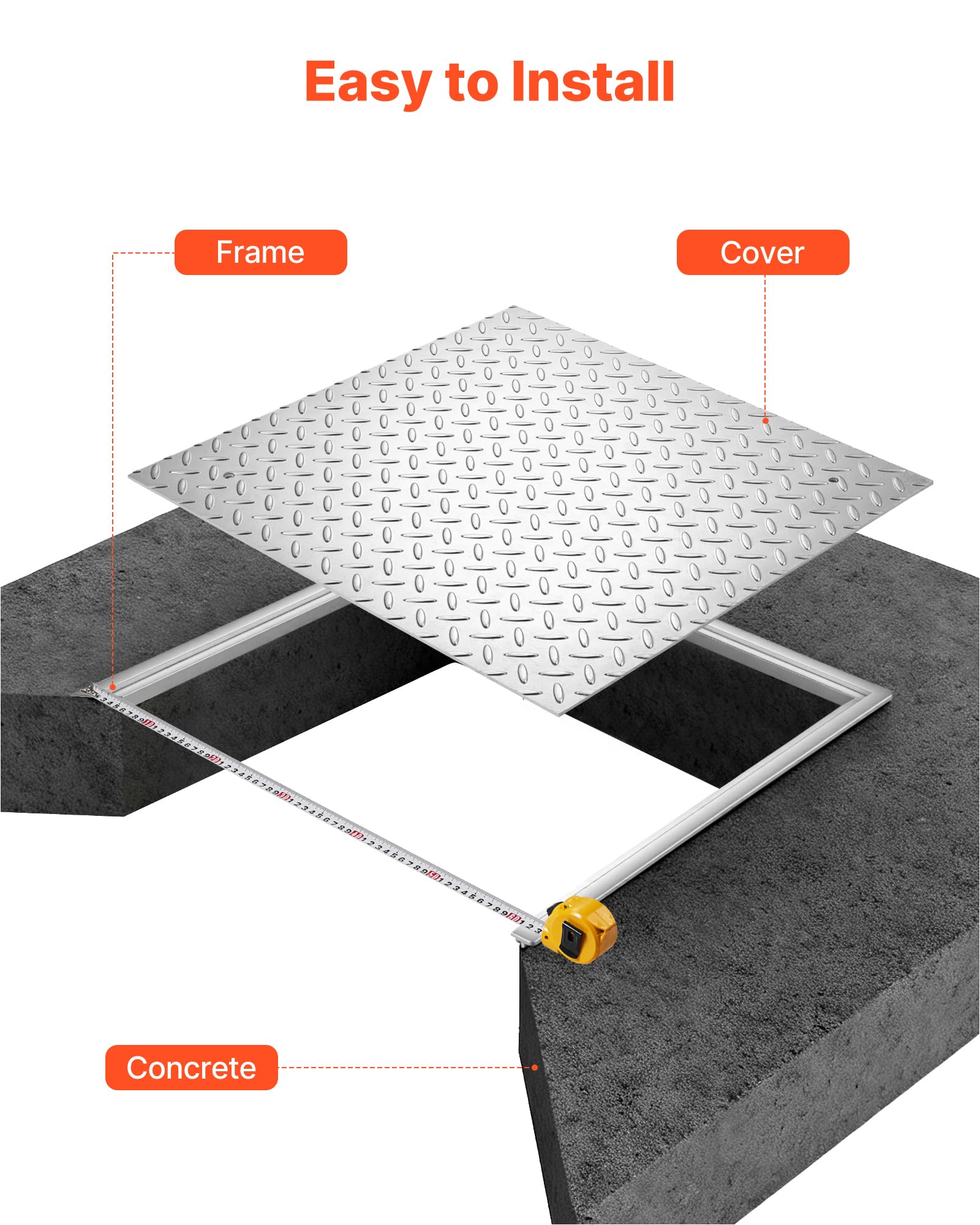 VEVOR Plaque d'Égout avec Cadre, Couvercle de Regard Carré de 60x60 cm, pour Inspection de Drainage Bouche d'Égout Trottoir Jardin, Couvercle de Fosse Septique en Acier au Carbone Antidérapant