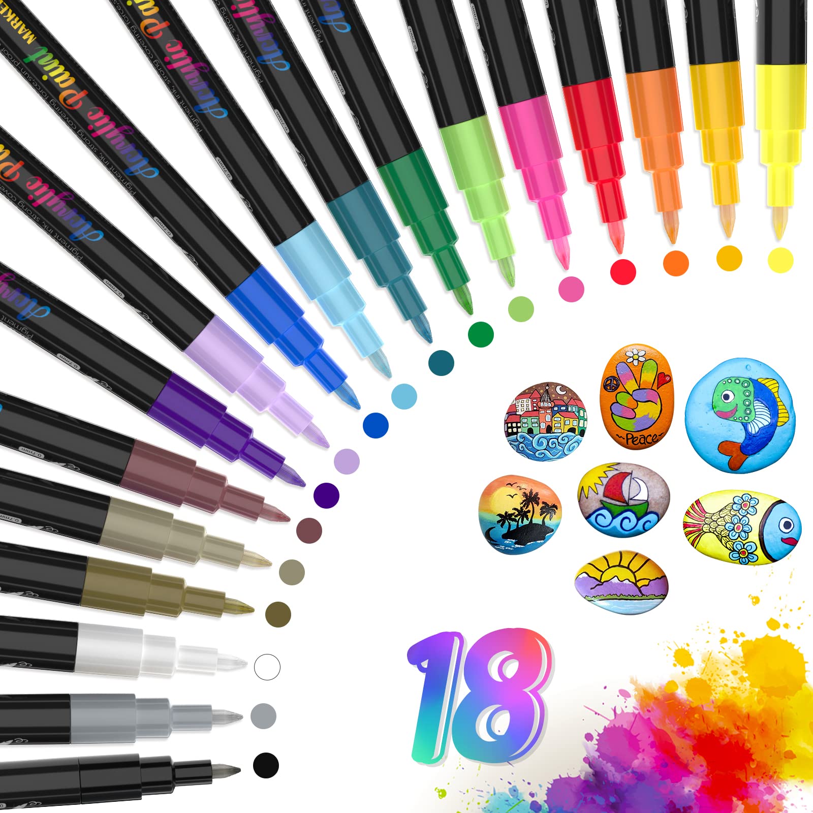 Pennarelli acrilici punta fine 0.7mm, 18 Colori Assortiti Set pennarello indelebile impermeabile per Roccia, Ceramica, Stoffa, Tessuti, Plastica, Vetro, Metallo, Legno, Tela, Carta, DIY