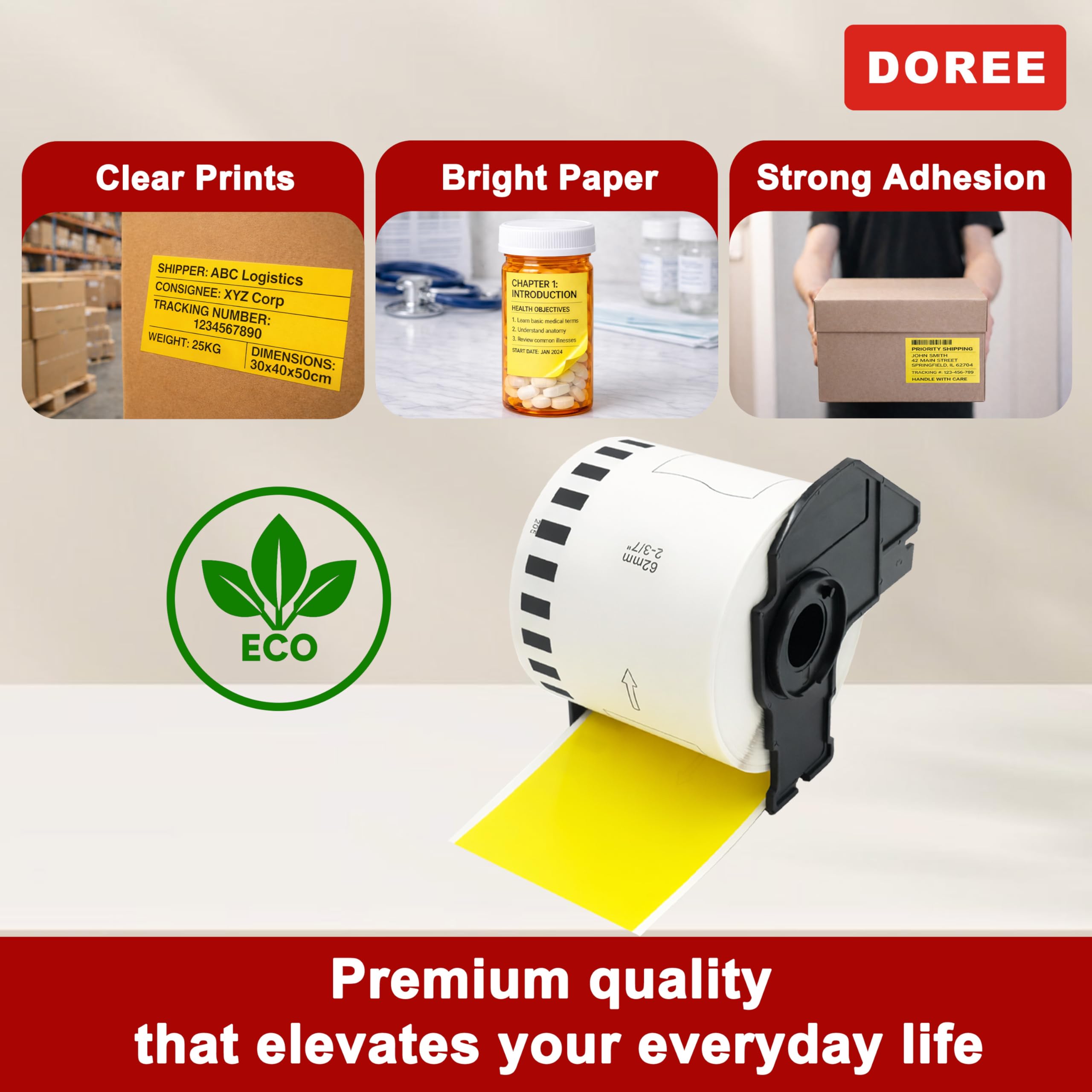 DOREE 4 Rollen DK-22205 gelbe Endlosetiketten, kompatibel mit Brother DK-22205, 62 mm x 30,48 m, geeignet für Brother QL-500, QL-550, QL-570, QL-580N, QL-700, QL-800, QL-1060N, QL-1100