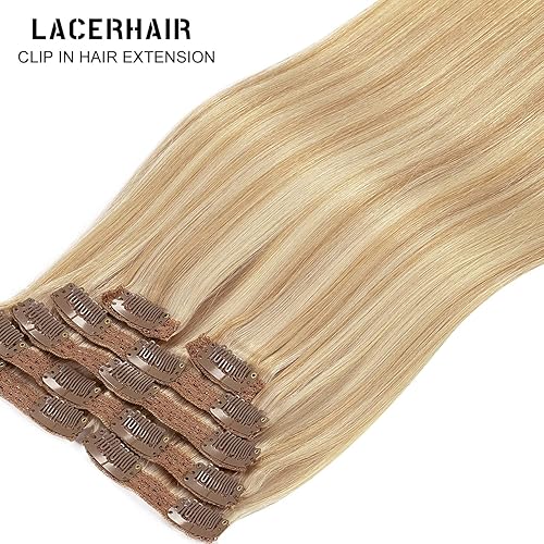 Miniatura 7 de Lacer Extensiones de cabello humano con broches, color marrón dorado claro, mezcla con rubio platino, encaje de doble trama, extensiones de cabello