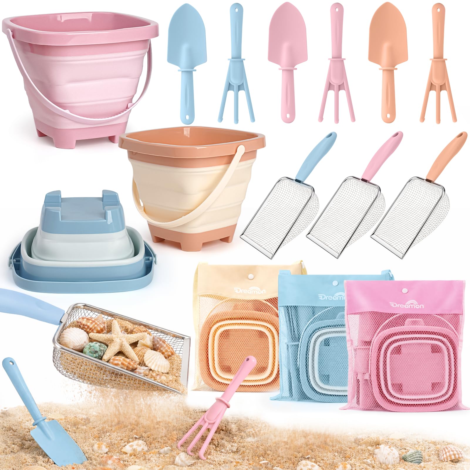 Dreamon Sandspielzeug Sandkasten Spielzeug Kinder 3 Farben Strandspielzeug Kinder Mit Faltbarer Eimer Sandsieb Schaufel Rechen Strand Spielzeug 3 4 5 Jahre