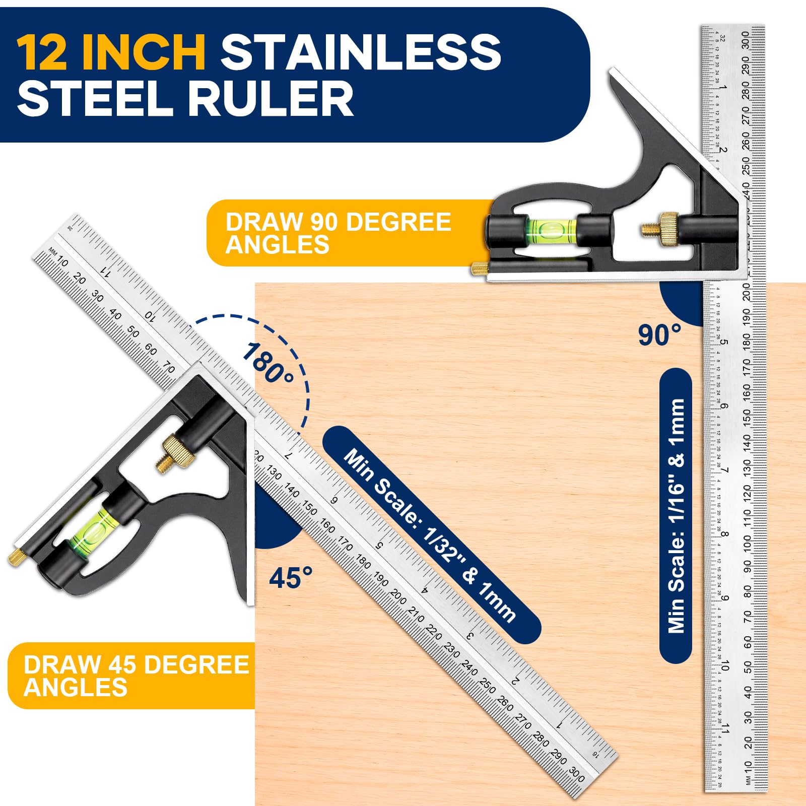 Combination Square Set - 12 & 7 Inch Carpenter Tool -6 Combination Square Set - 12 & 7 Inch Carpenter Tool -6