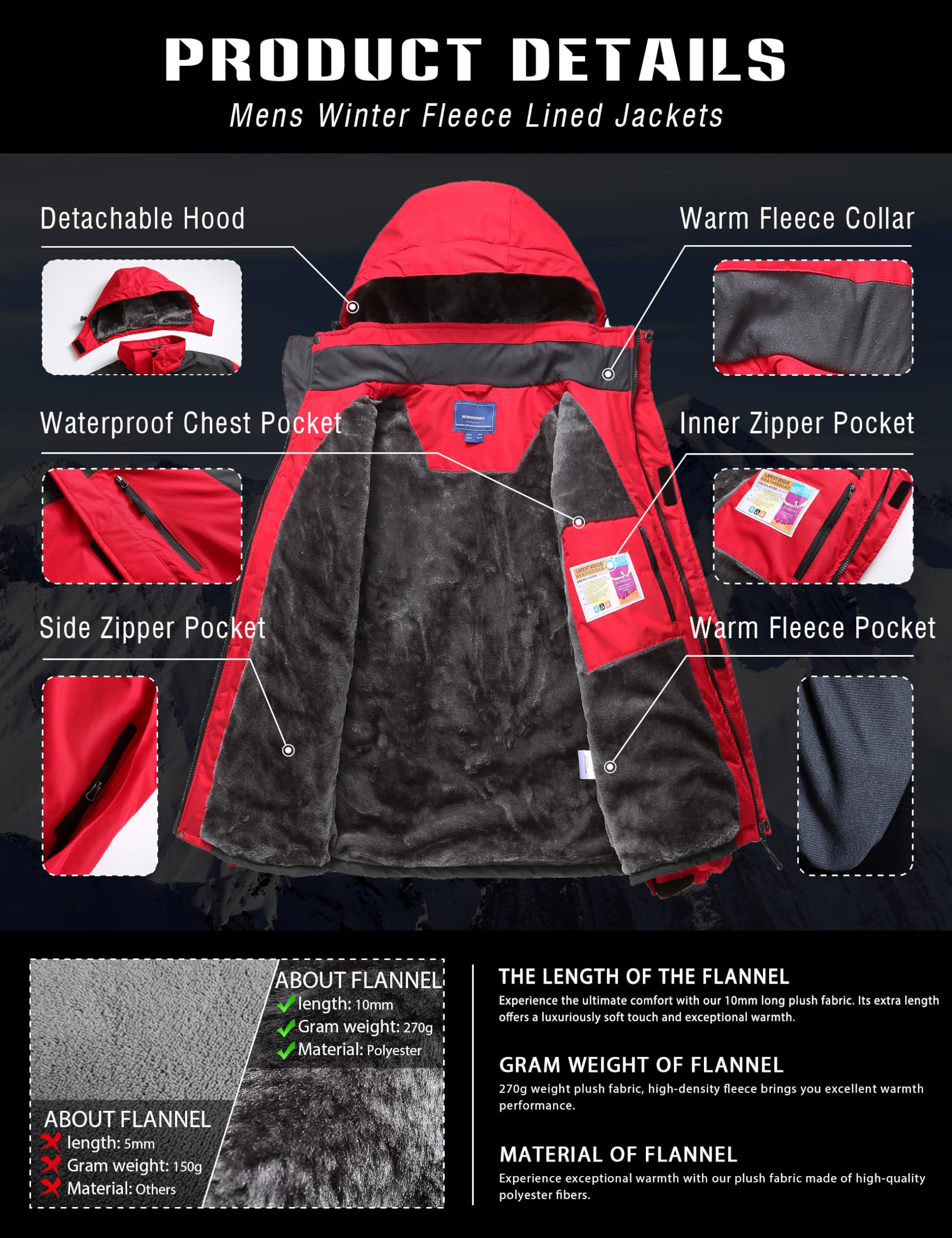 Zzkouine Impermeabile Giacca Da Montagna In Pile Da Uomo Giacca Da Sci Calda Multi-Tasche Adatto Per Sport Invernali E Attività Outdoor In Montagna Antivento Impermeabile E Traspirante