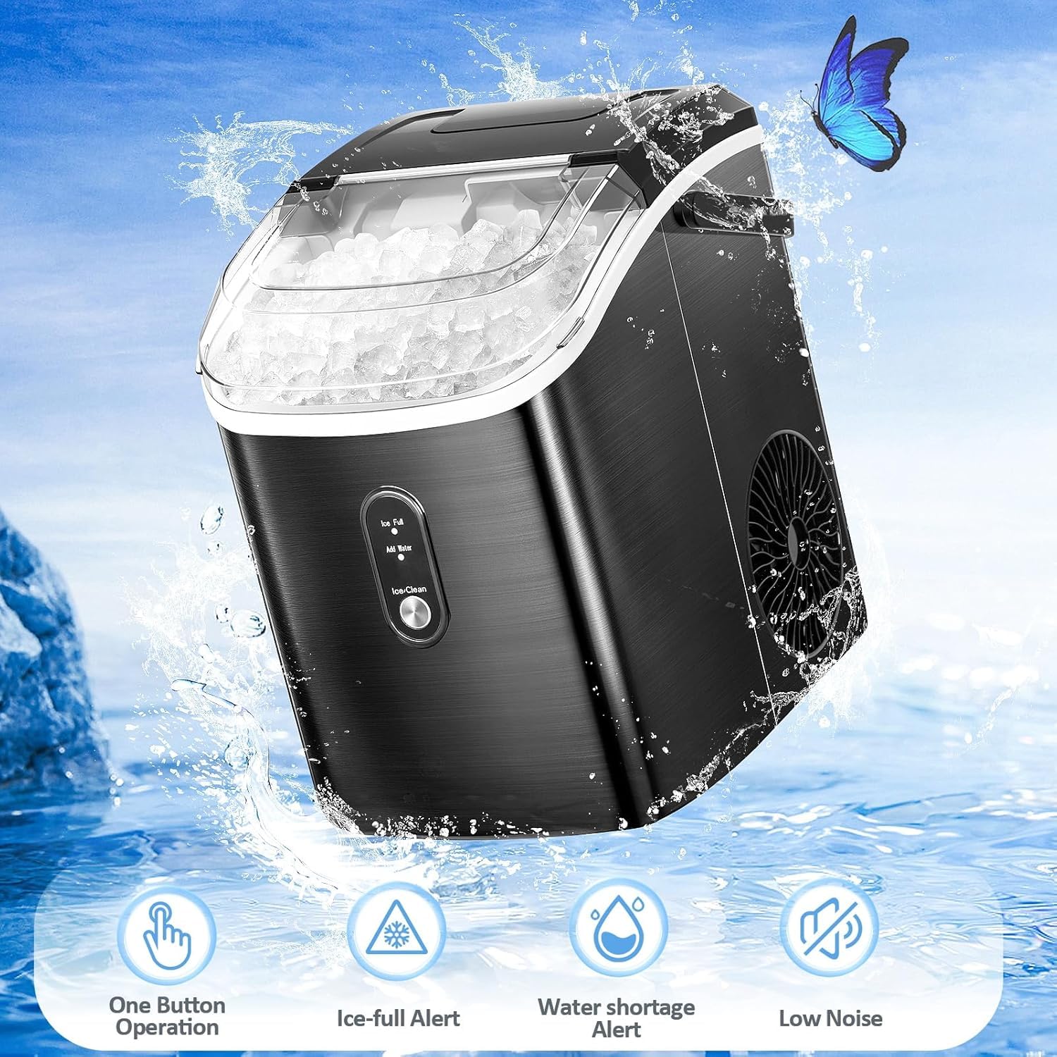Nugget Countertop Ice Maker with Soft Chewable Pellet Ice, Pebble Portable Ice Machine, 34Lbs/24H, Self-Cleaning, Sonic Ice Maker, One Button Operation, for Kitchen,Office Stainless Steel Silver on Fridge.com