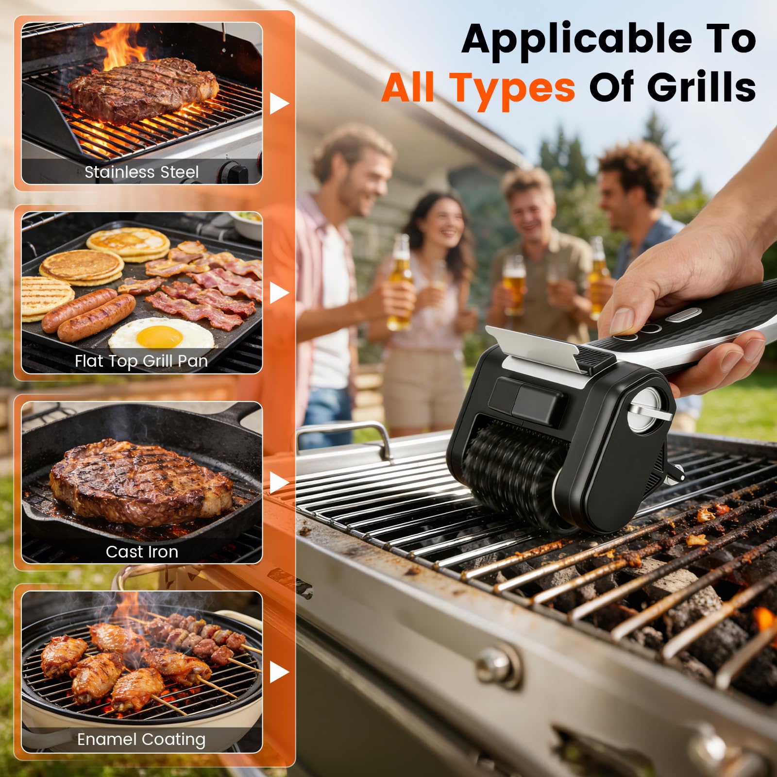 Brosse Électrique pour Barbecue, Brosse Nettoyage de Gril sans Fil 450 TR/Min avec LED, Rouleau en Acier Inoxydable 304, Batterie 4000 mAh 3-4 Heures, Accessoire Barbecue pour Tous Types de Grilles