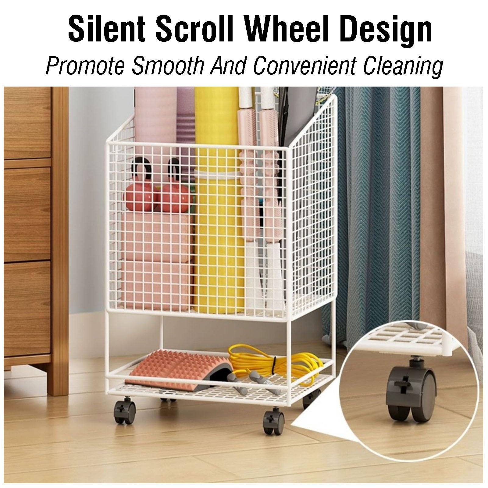 Soporte para Esterilla de Yoga, Estante Multifuncional con Ruedas, Organizador de Equipo de Fitness para el hogar, Ideal para Rodillos de Espuma, Bloques de Yoga y Accesorios (Blanco)