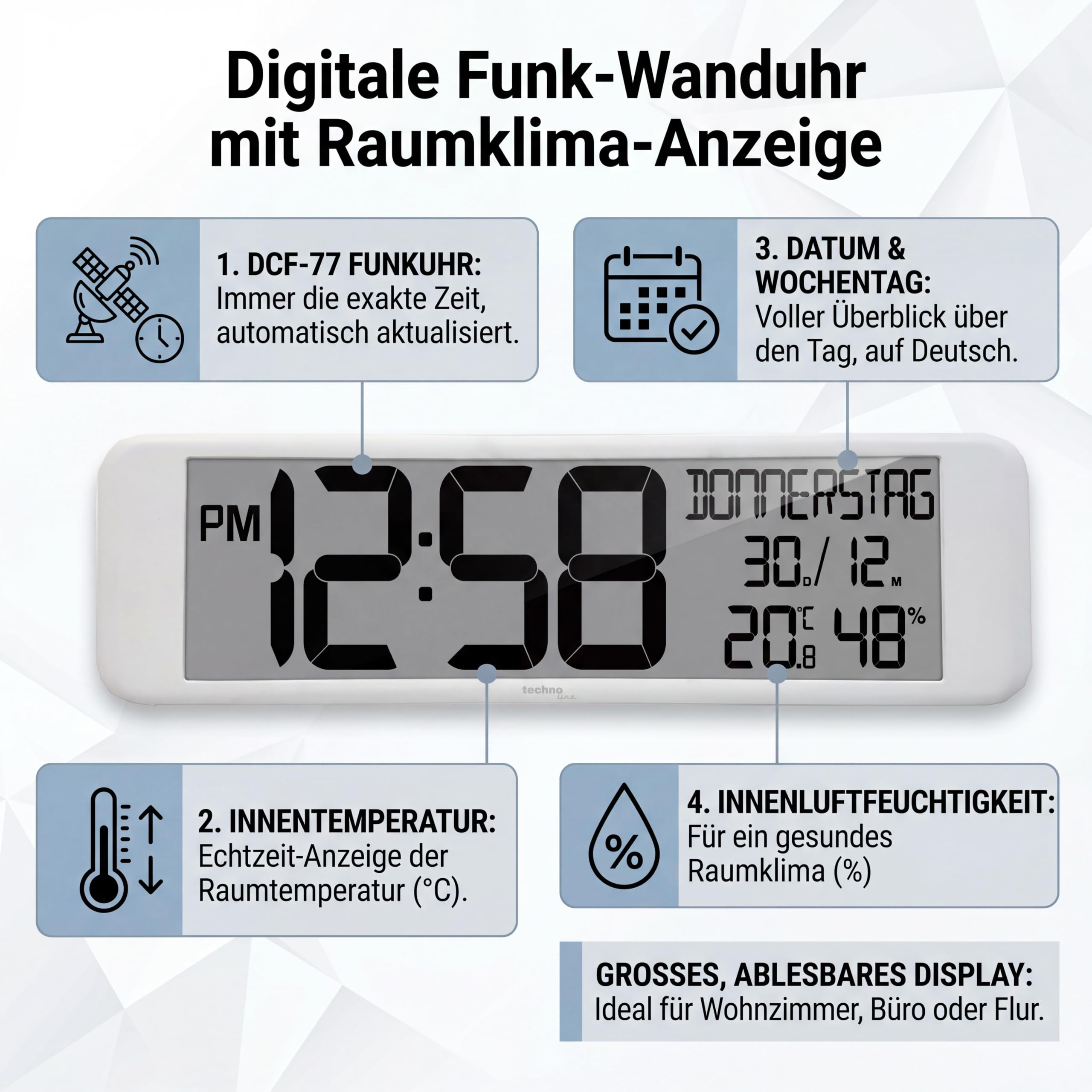 Technoline WS 8120 XXL Funkwanduhr mit DCF77 Funkuhr | Kalender | Temperatur- & Luftfeuchtigkeitsanzeige | extra großes Display | Wochentag ausgeschrieben | Wand- und Tischaufstellung | weiß