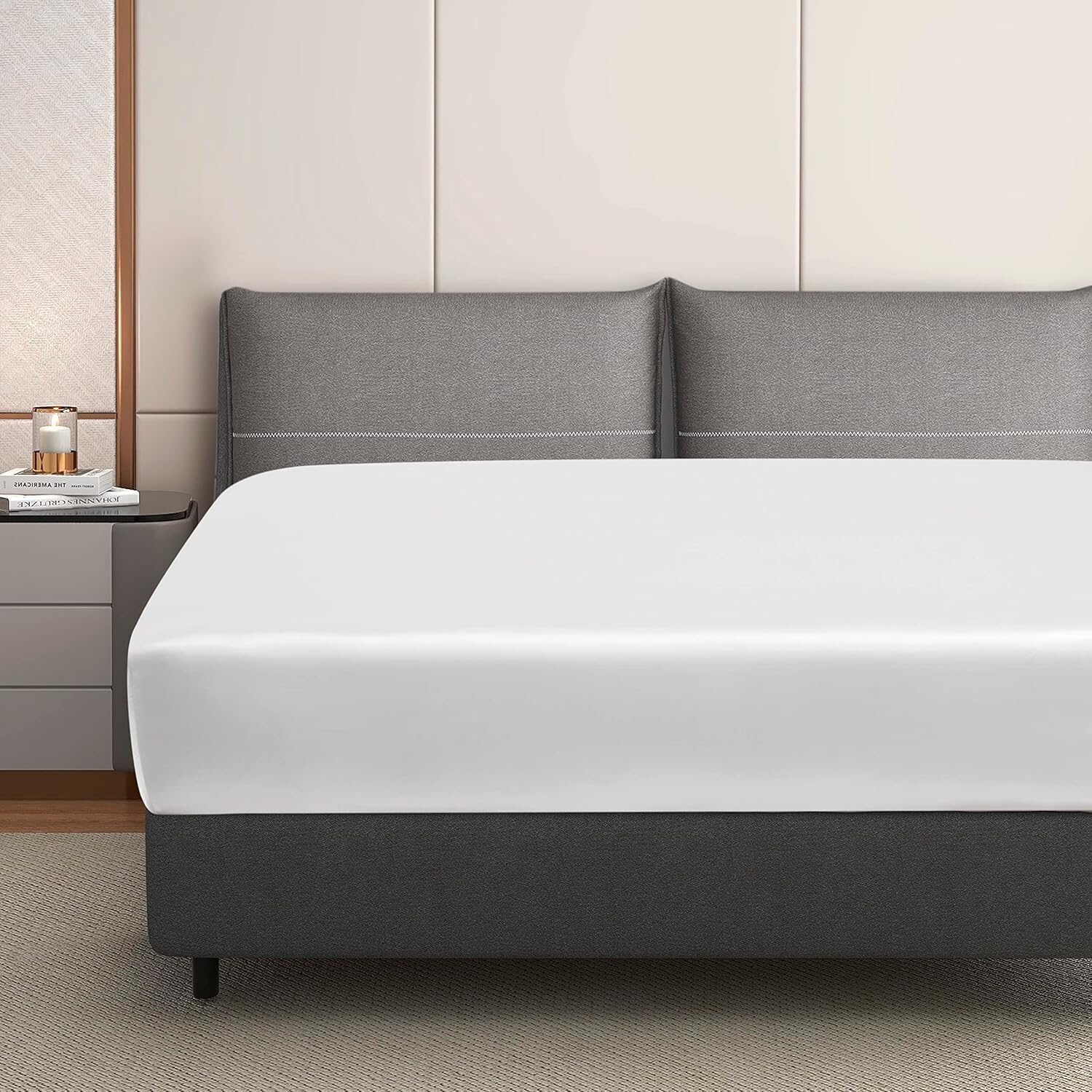 Luowei Sábana bajera ajustable de 160 x 200 cm, color blanco, satén y seda brillante, cómoda, lujosa y lisa, para colchones altos de hasta 25-30 cm