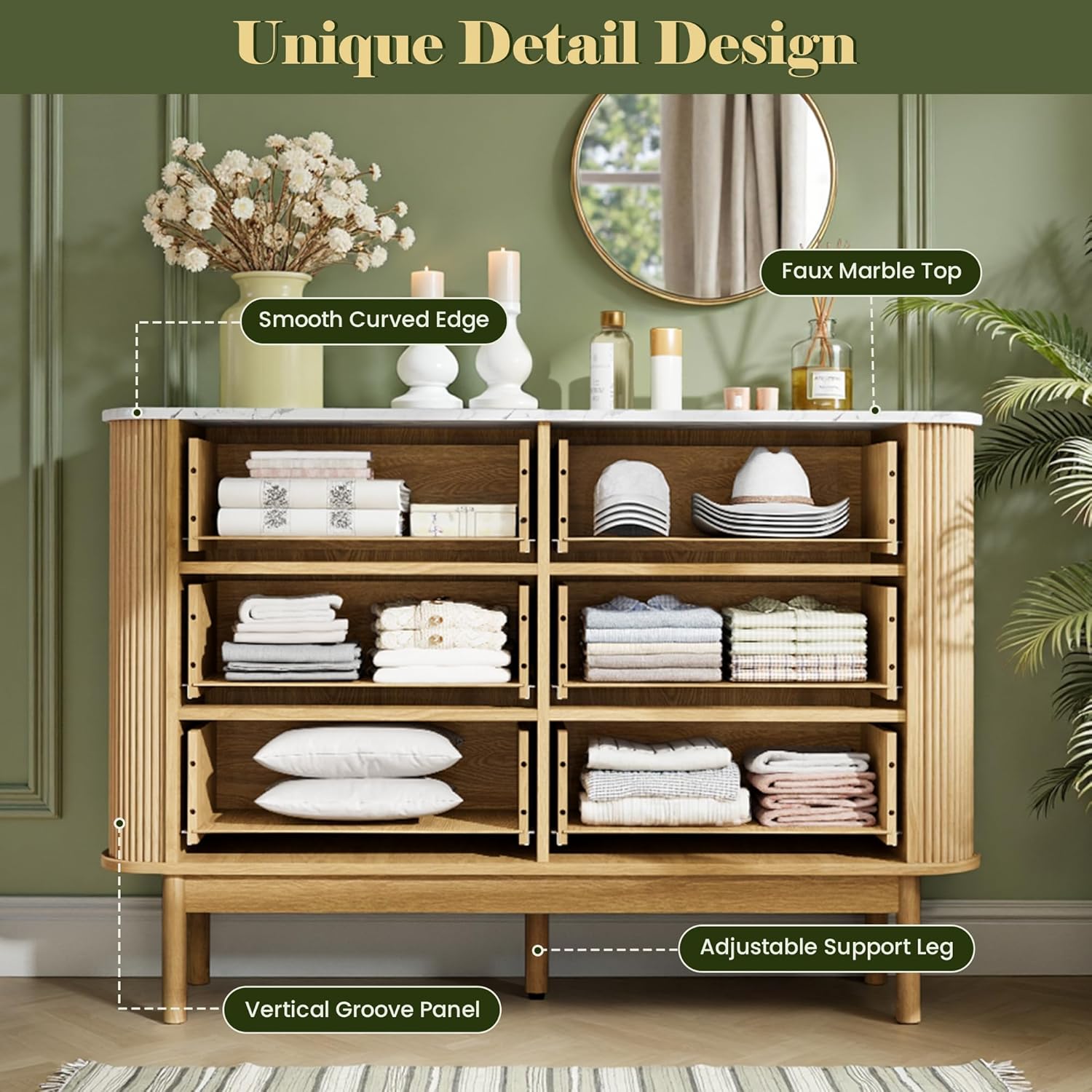 Pamapic Fluted Sideboard Buffet Cabinet, 47" Storage Cabinet with Curved Profile Design & Faux Marble Top, Modern Credenza with 6 Drawers, Wood Buffet Console Table for Living Room, Hallway, Natural