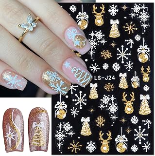 6Pcs Glitter Gold Nail Stickers,Christmas Nail Art Stickers 3D Self-Adhesive Christmas Tree Xmas Ball Striped Deer Pattern Winter Decoration Snowflake Stickers DIY Reindeer Nail Art Supplies for Women